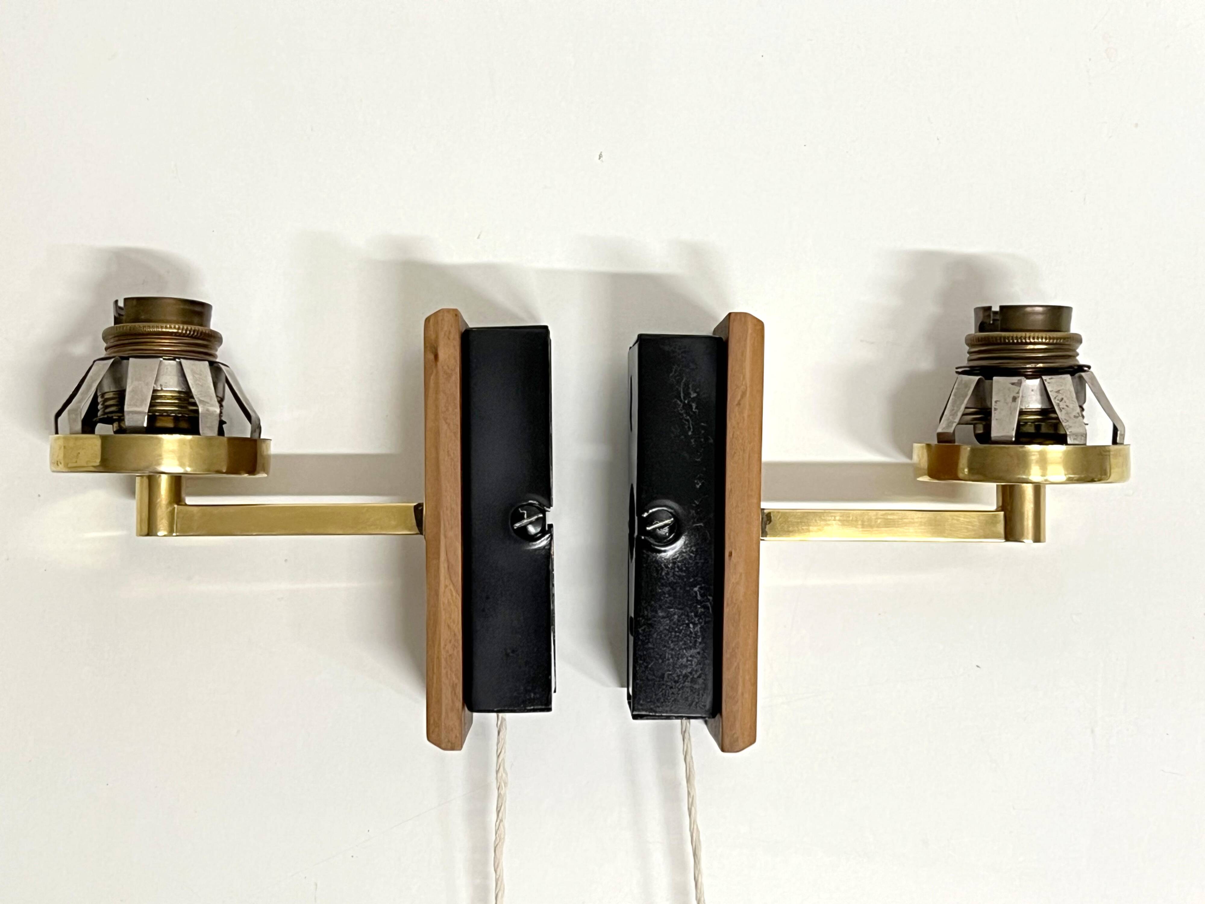 Pair of Scandinavian Wall Lights - Opaline Brass Wood - 50's 60's