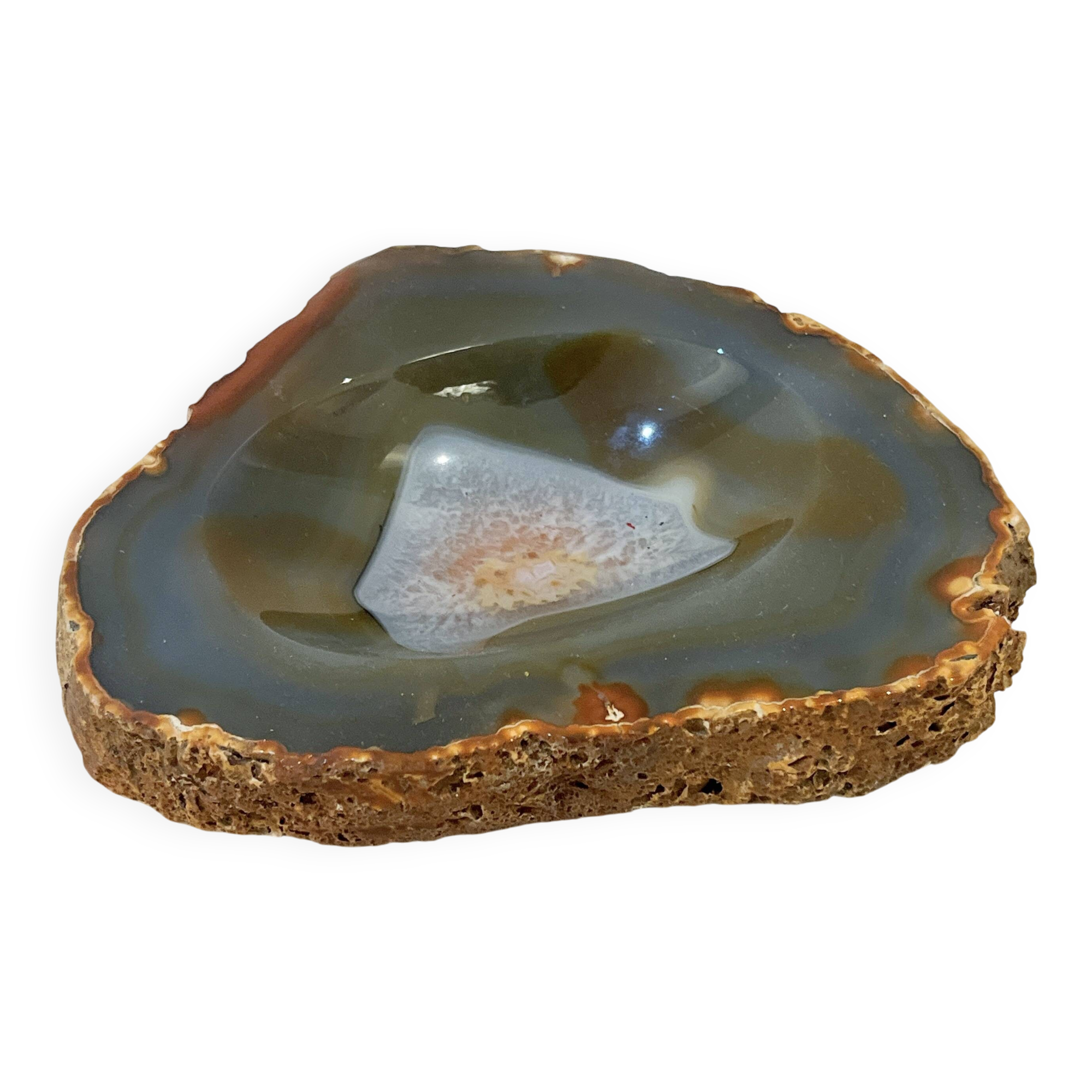 Vintage blue ochre agate slice tray, agate ashtray, 1960s