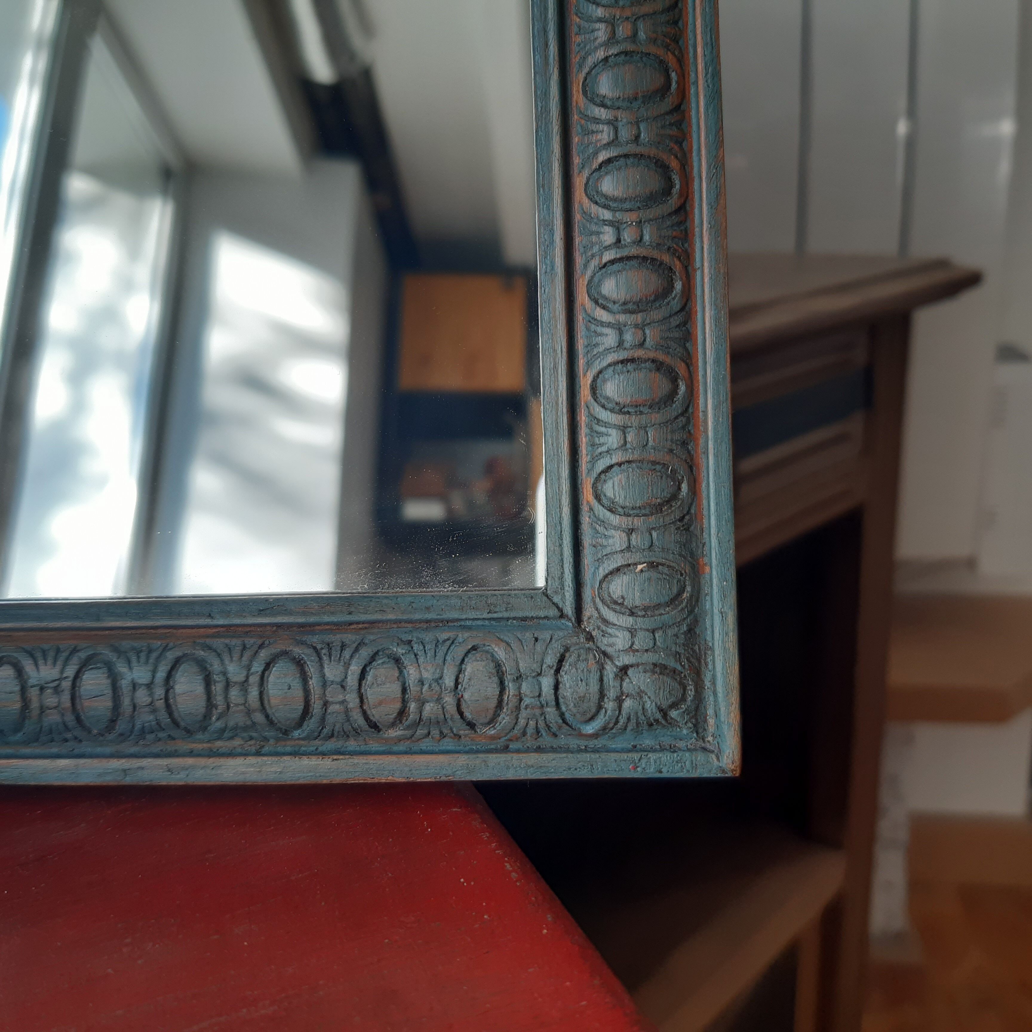 Mirror, art deco, wood, blue velvet patina, antique wax