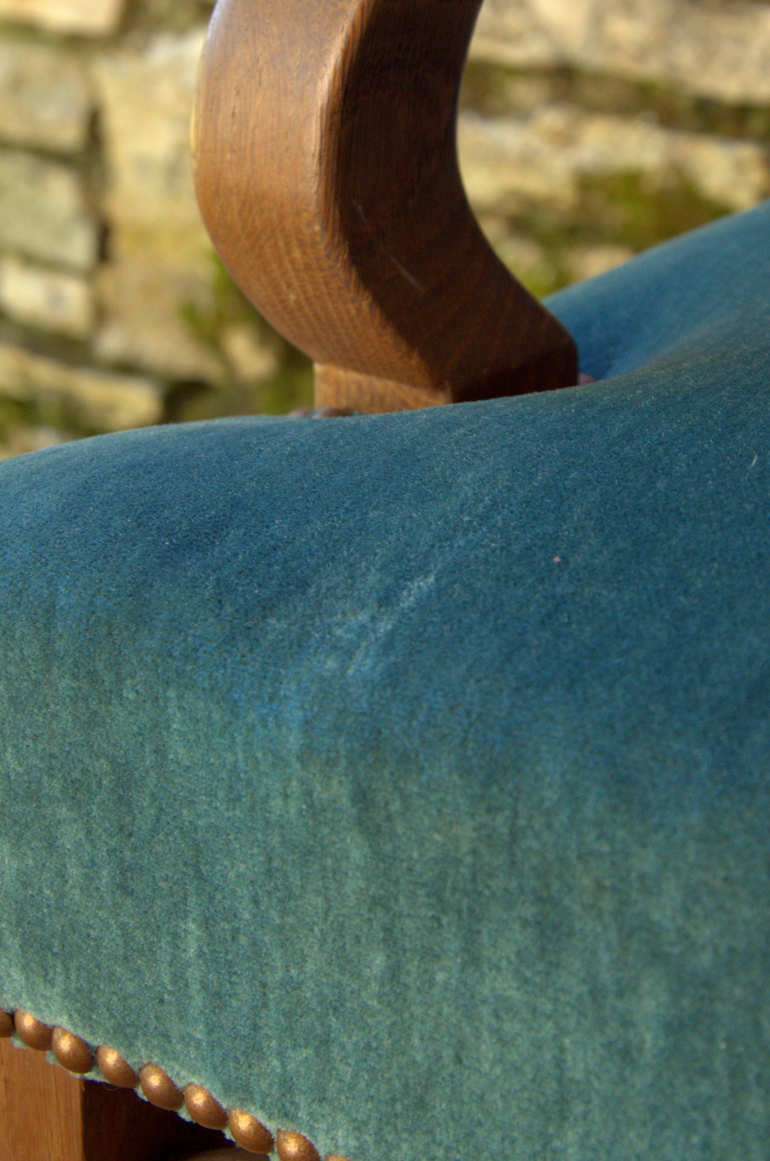 Antique Louis XIII style armchair, duck blue velvet, 67x112cm, G.Besnard