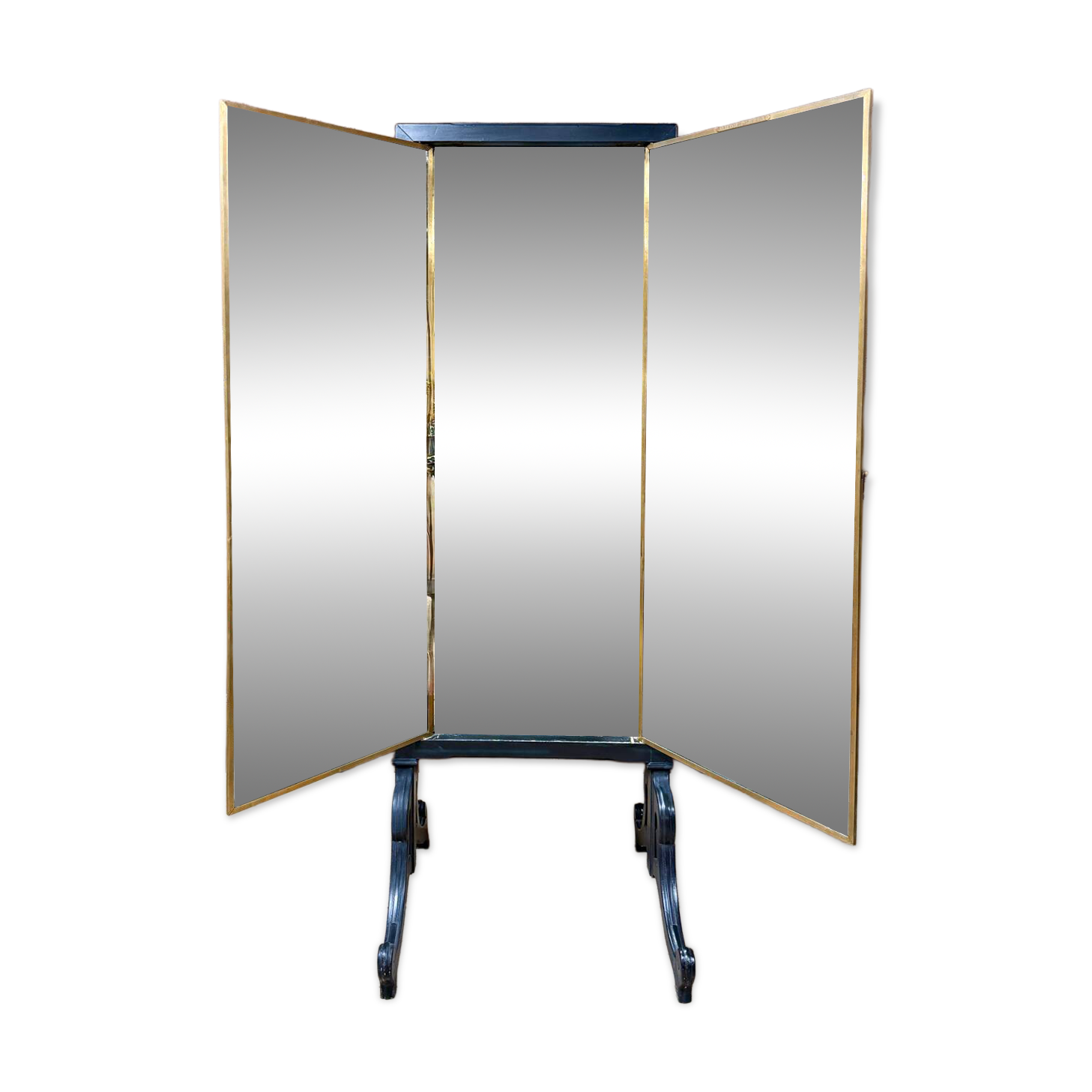 Brot mirror on legs, triptych glass in blackened wood, brass, Art Deco