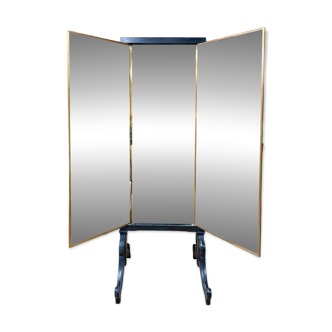 Brot mirror on legs, triptych glass in blackened wood, brass, Art Deco