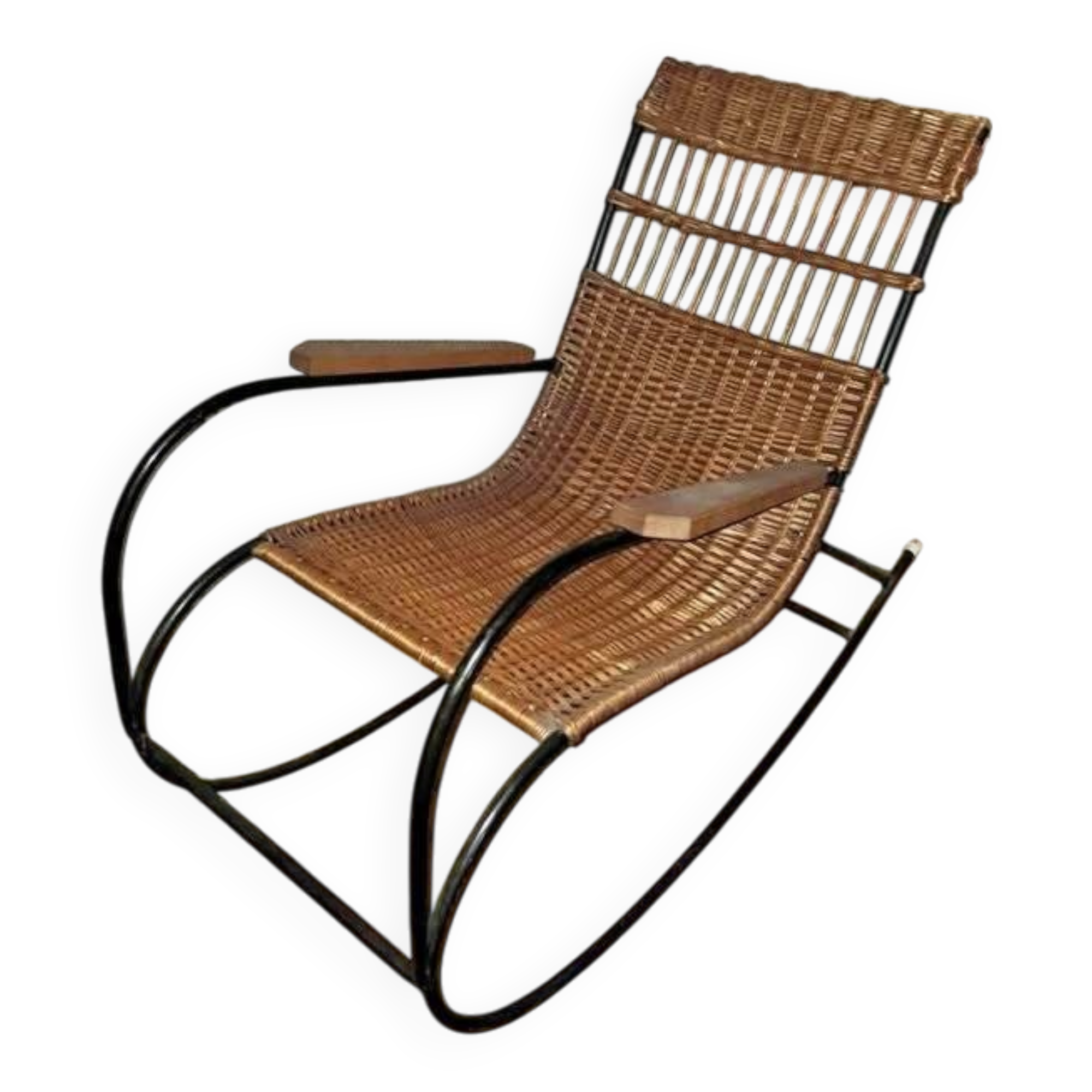 Fauteuil à bascule moderne en osier et acier, années 1960