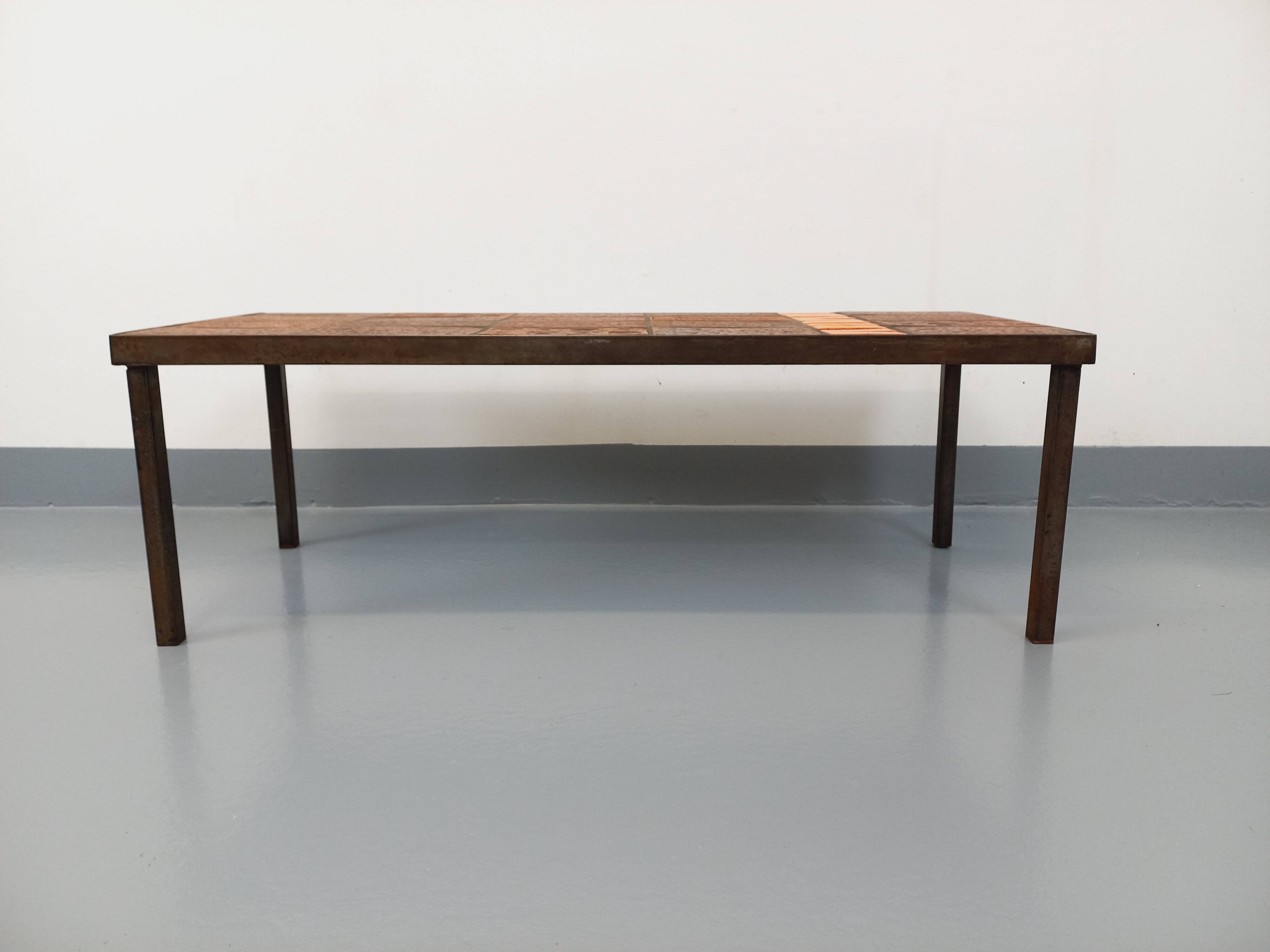 Vintage rectangular coffee table by Jean Jaffeux in steel and ceramic from the 60s