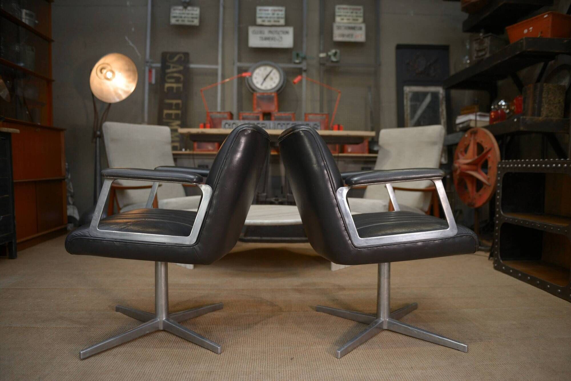 Set of 3 designer swivel metal leather office armchairs 1970