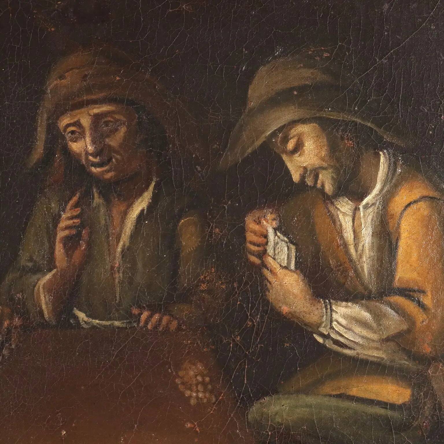 Peinture ancienne « Joueurs de cartes » huile sur toile Italie XVIIIe siècle