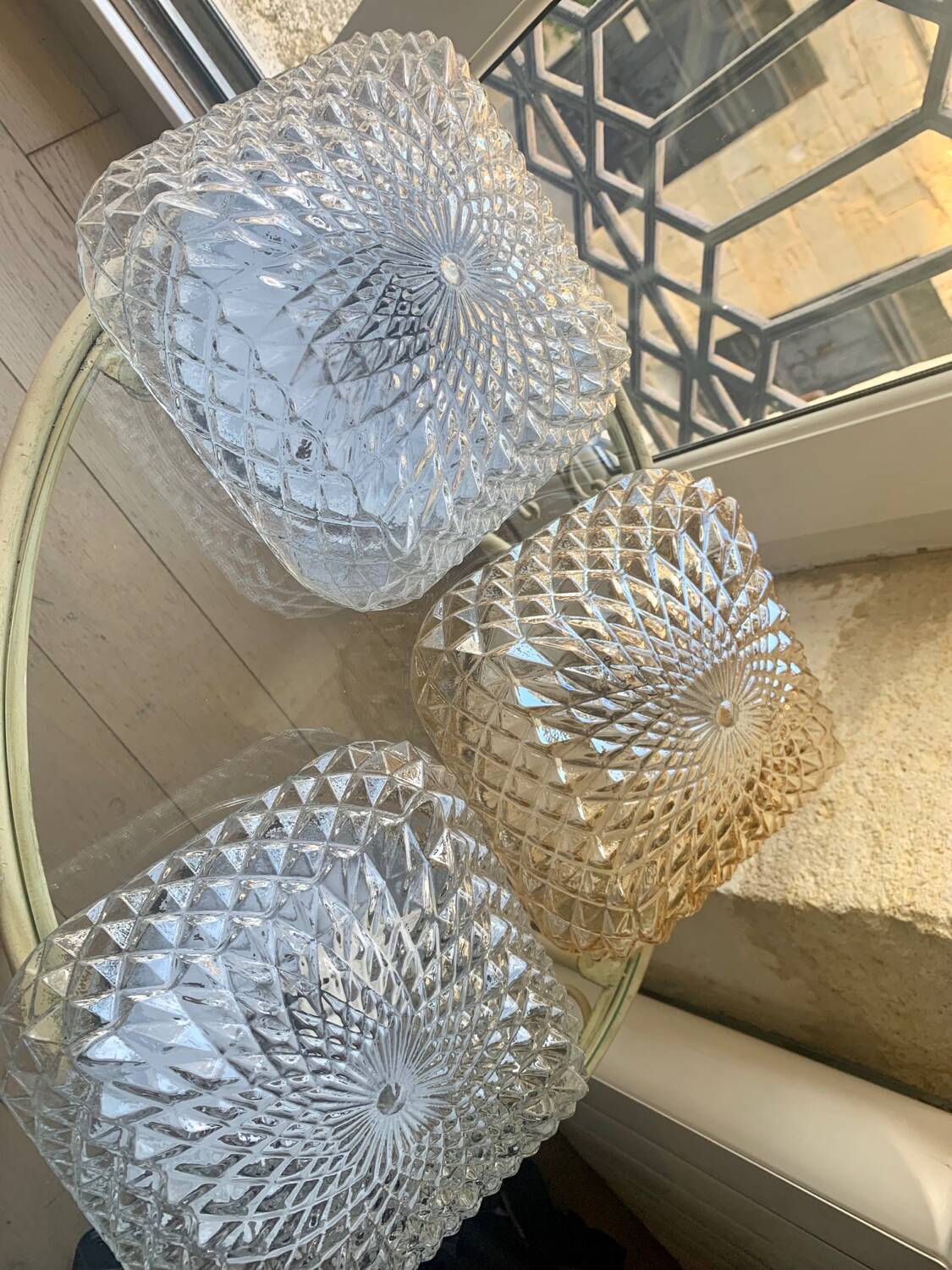 3 vintage chiseled glass ceiling lights 1950-1960