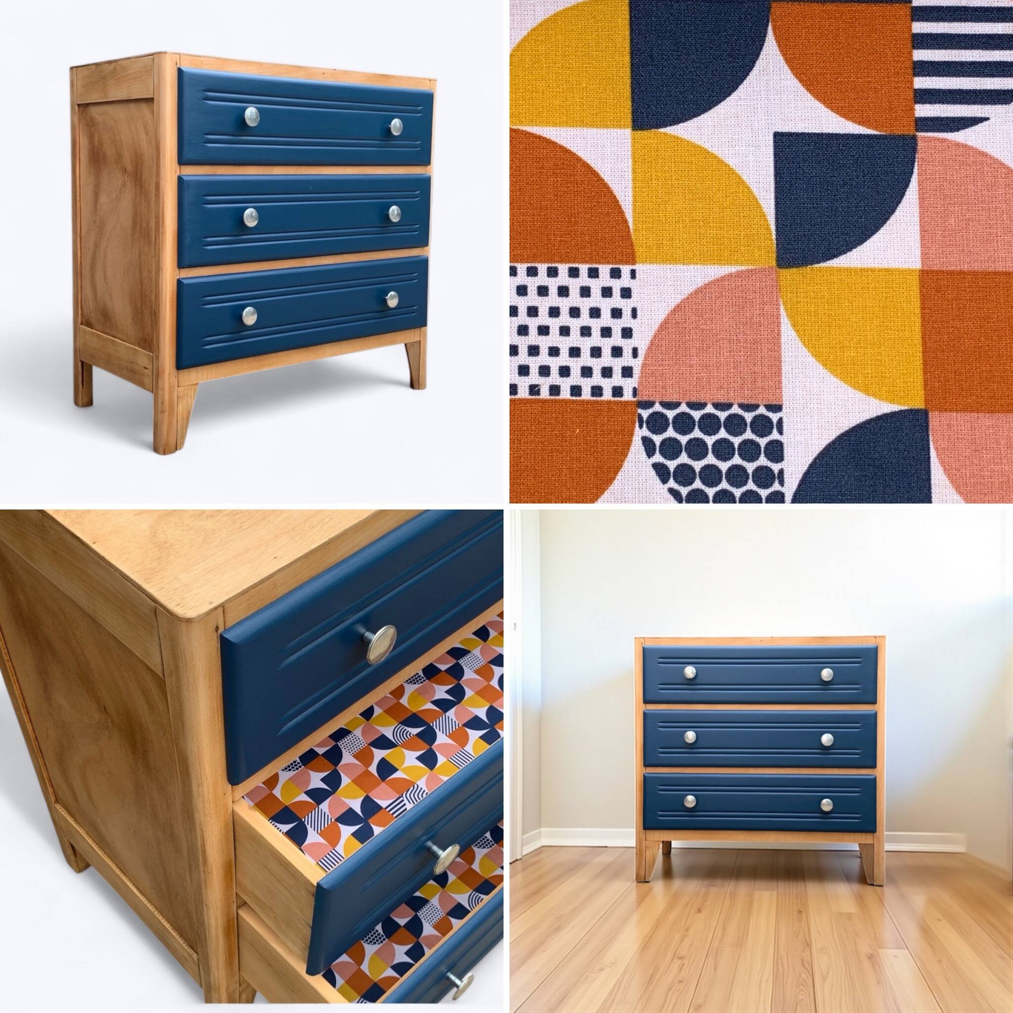 Art Deco chest of drawers in raw wood and blue, 1940