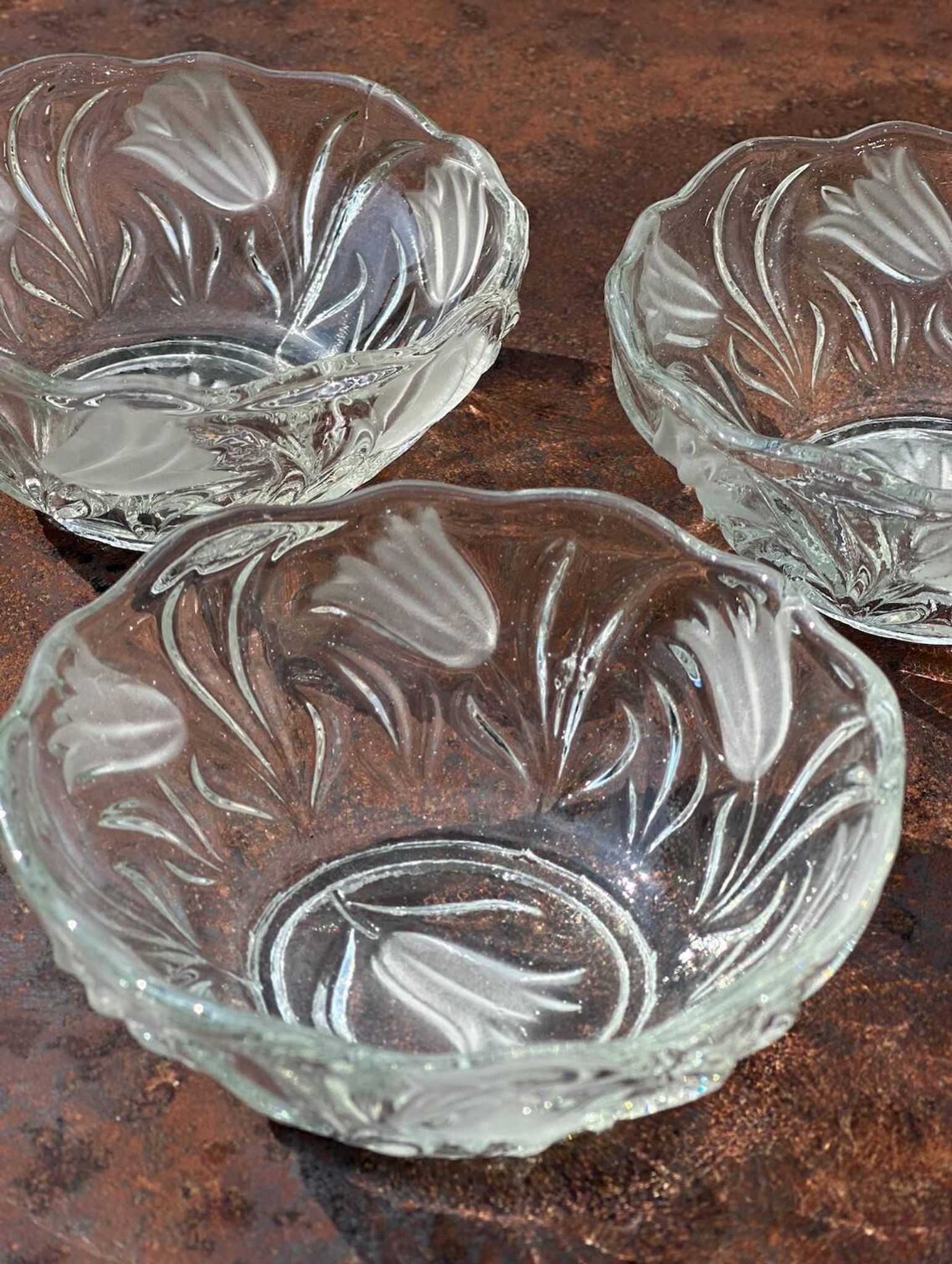 lot of 3 small pressed glass bowls with frosted tulip decoration