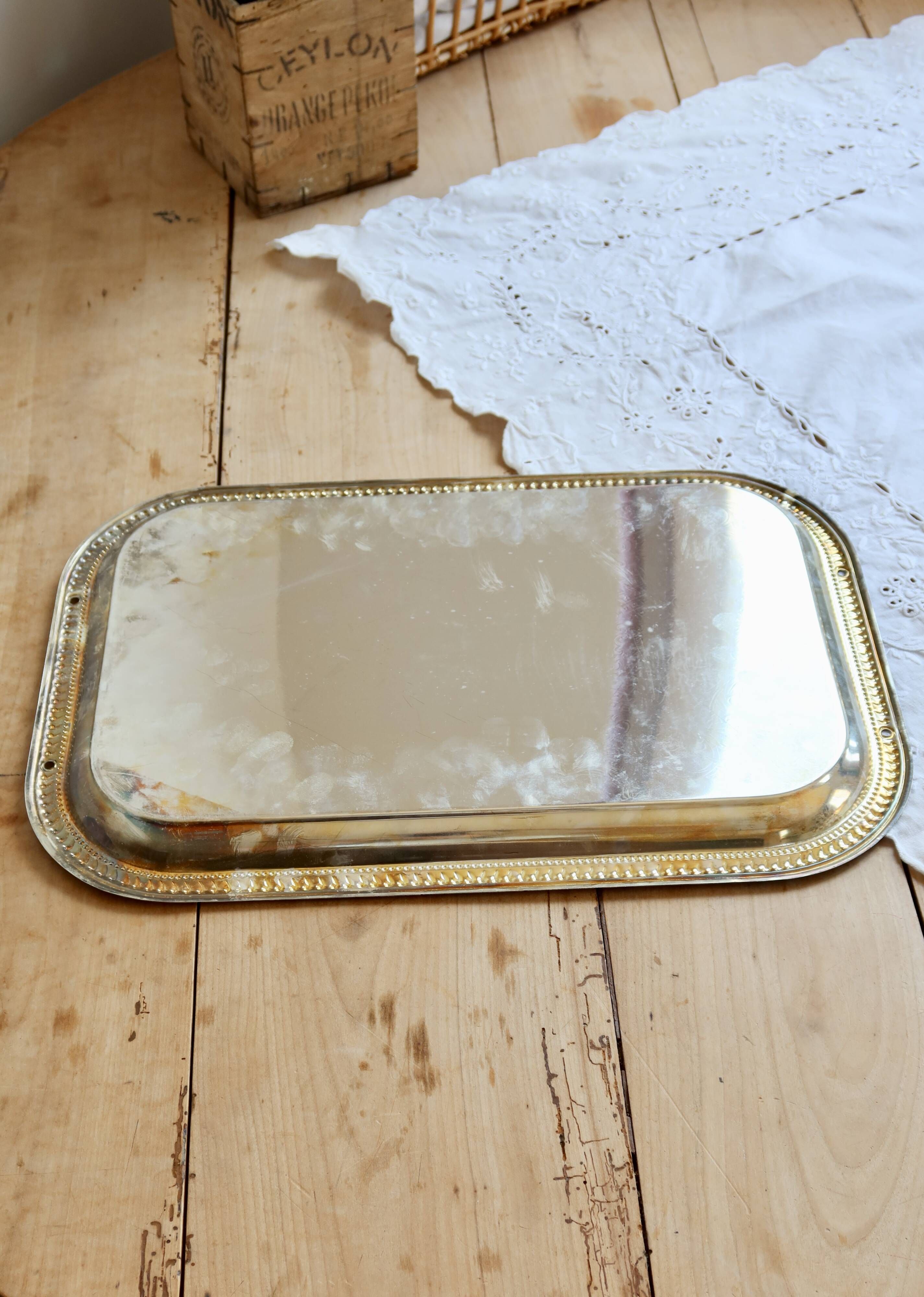 Vintage silver-plated rectangular serving tray – Engraved decoration