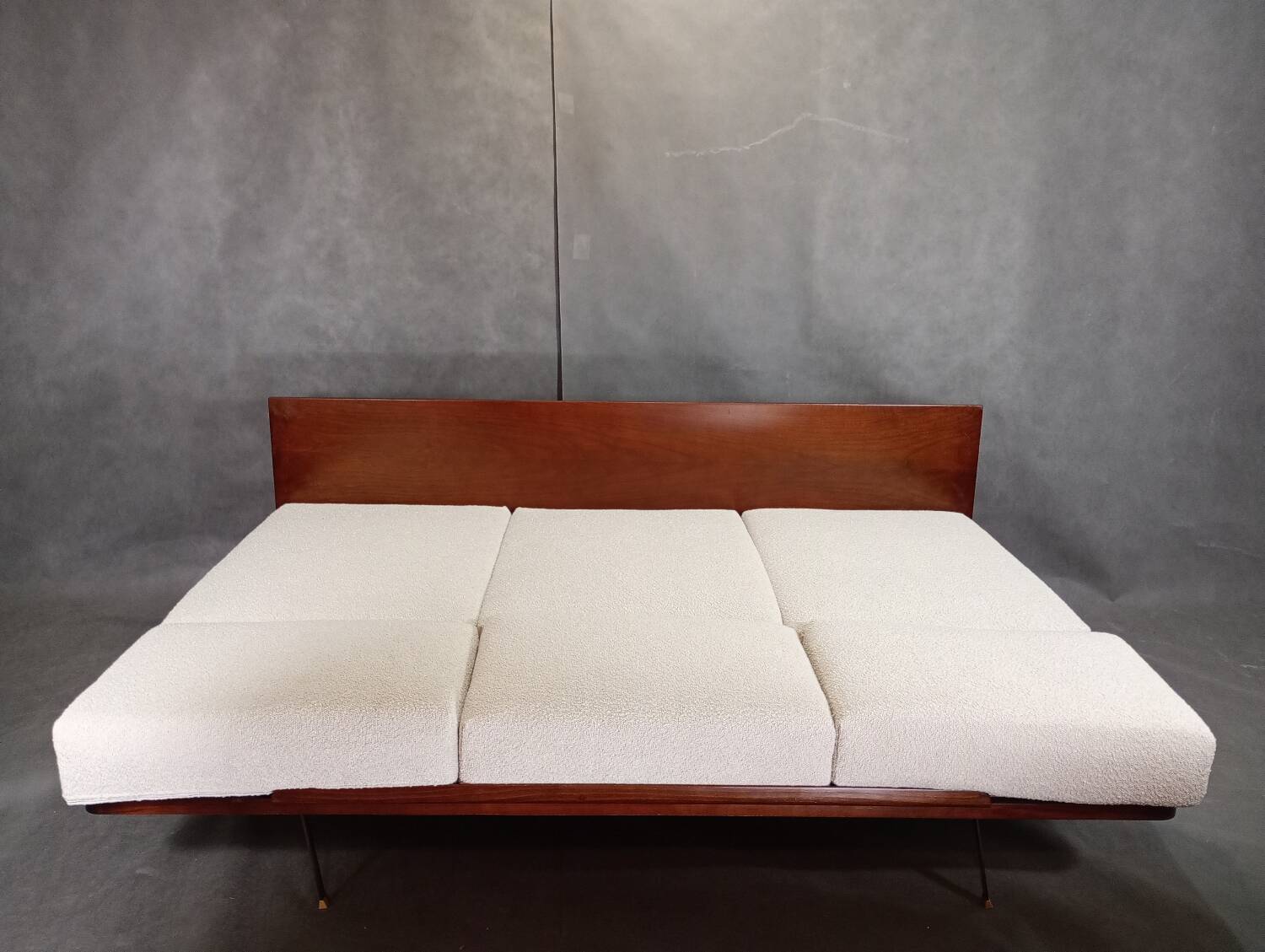 Jitona sobeslav sofa bed in walnut & boucle fabric, vintage czech 1960s