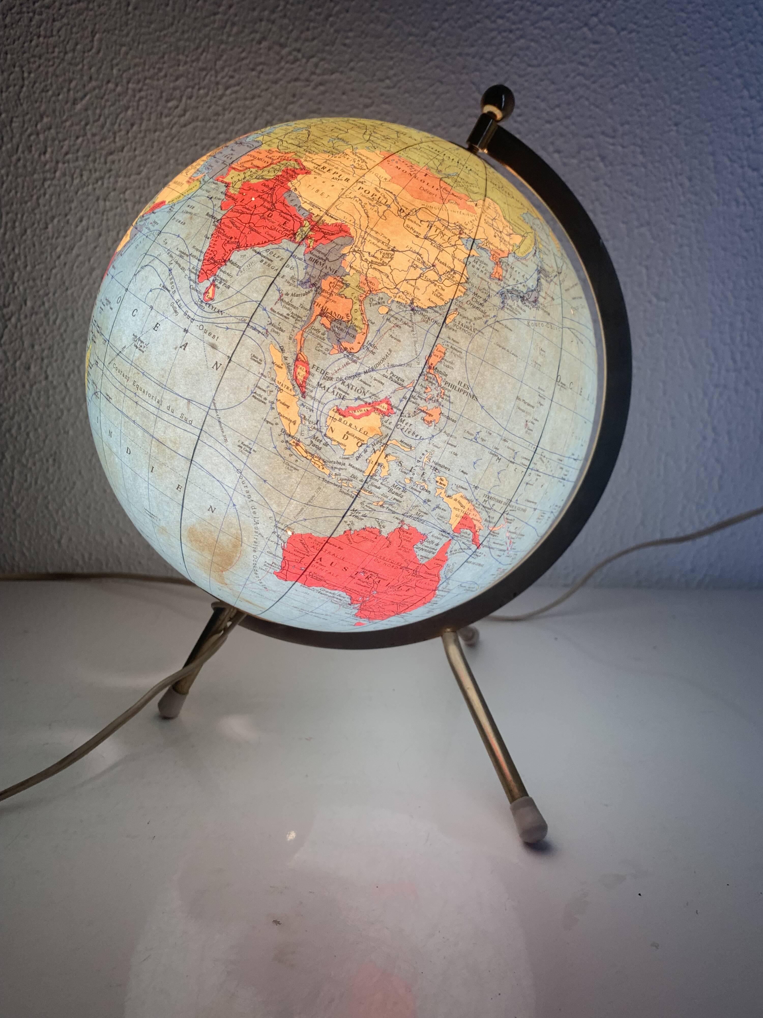 Globe vintage 1963 terrestrial Taride tripod glass world map - 28 cm