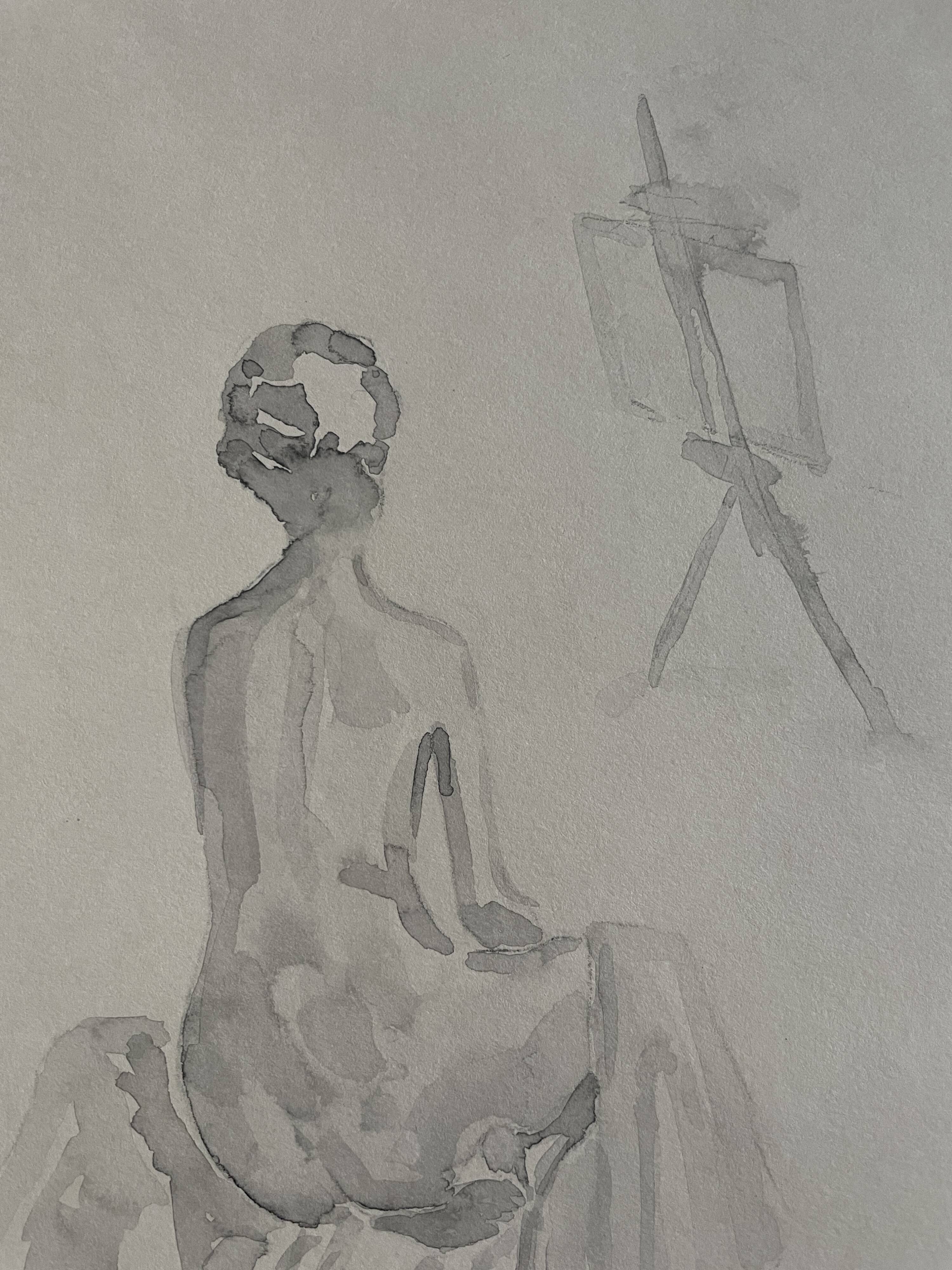 Painting signed monochrome sepia watercolor “female model in the workshop”