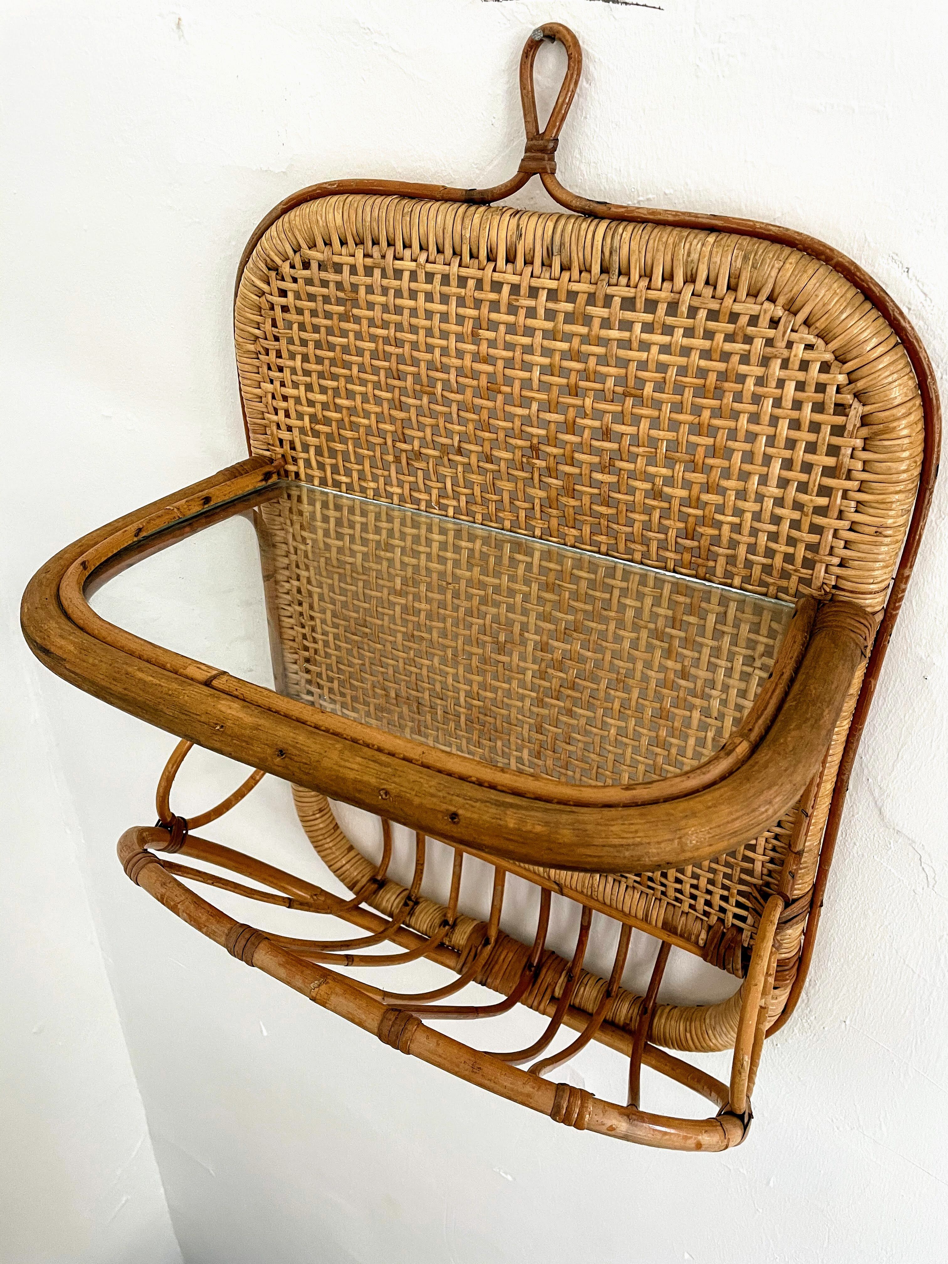 Mid-century bamboo and glass shelf with magazine stand, circa 1960, italy