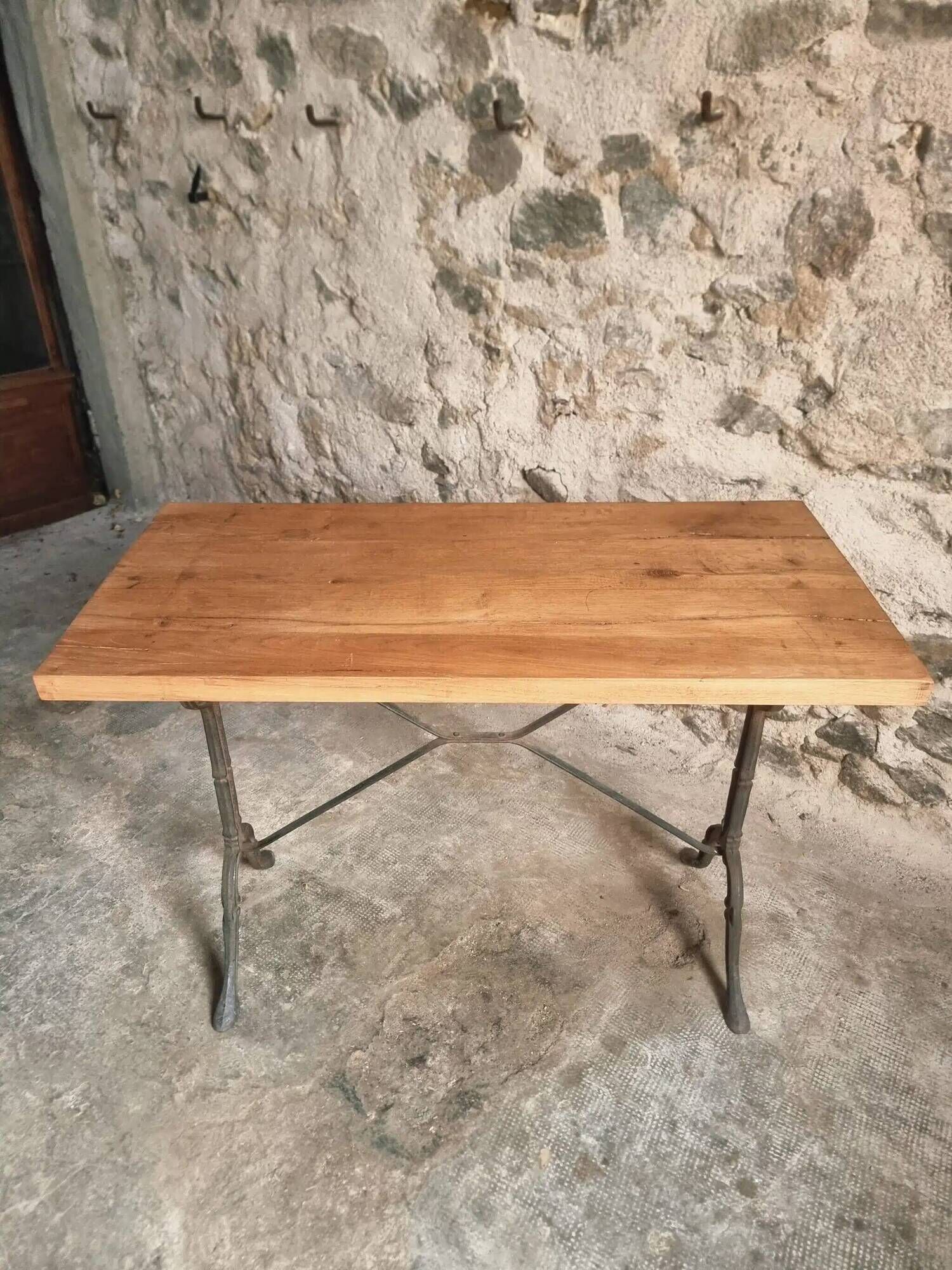 Vintage French Bistro Table | 1960s/70s Oak Top & Cast Iron Base | Retro Coffee & Wine Table