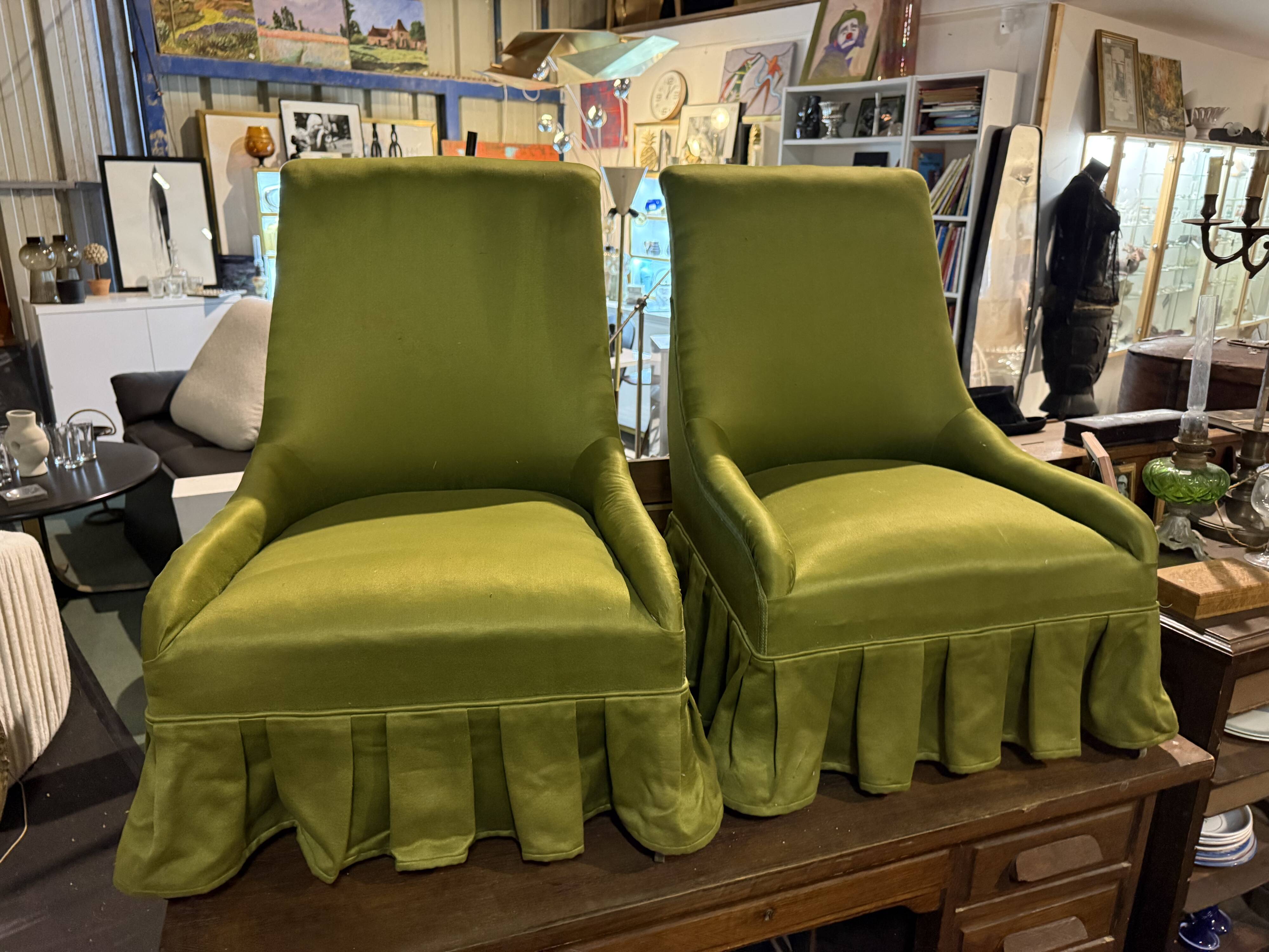 Pair of green fabric armchairs