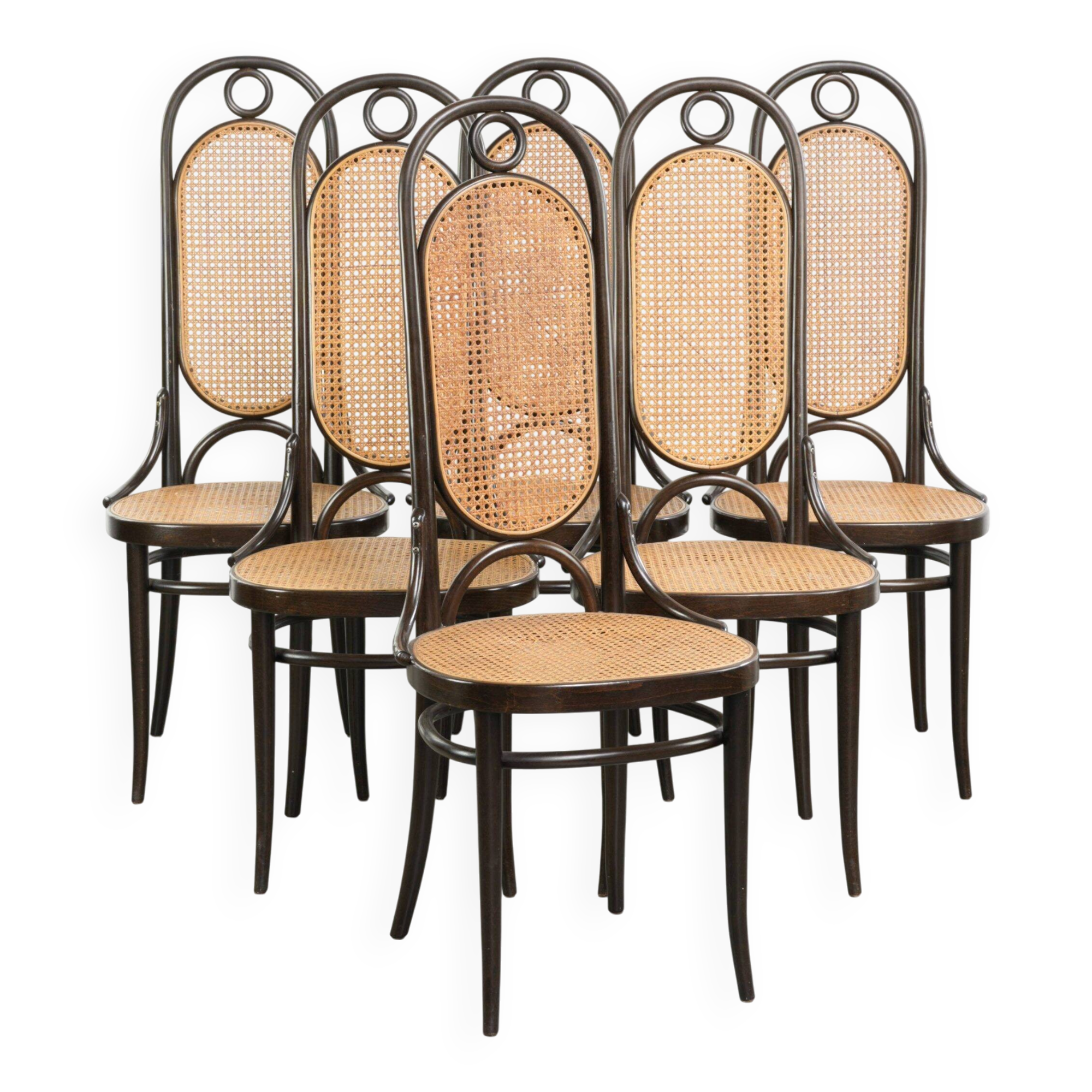 Set of 6 original vintage Thonet long John design diningchairs with webbing