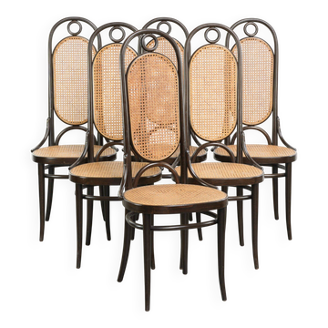 Ensemble de 6 chaises de salle à manger vintage originales Thonet design long John avec tressage.