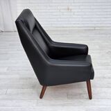 1970s, Danish highback armchair, black artificial leather, teak wood legs.