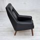 1970s, Danish highback armchair, black artificial leather, teak wood legs.