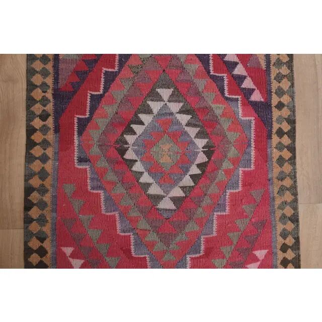 Tapis couloir vintage turc fait main en laine et coton rose des années 1970 104x358