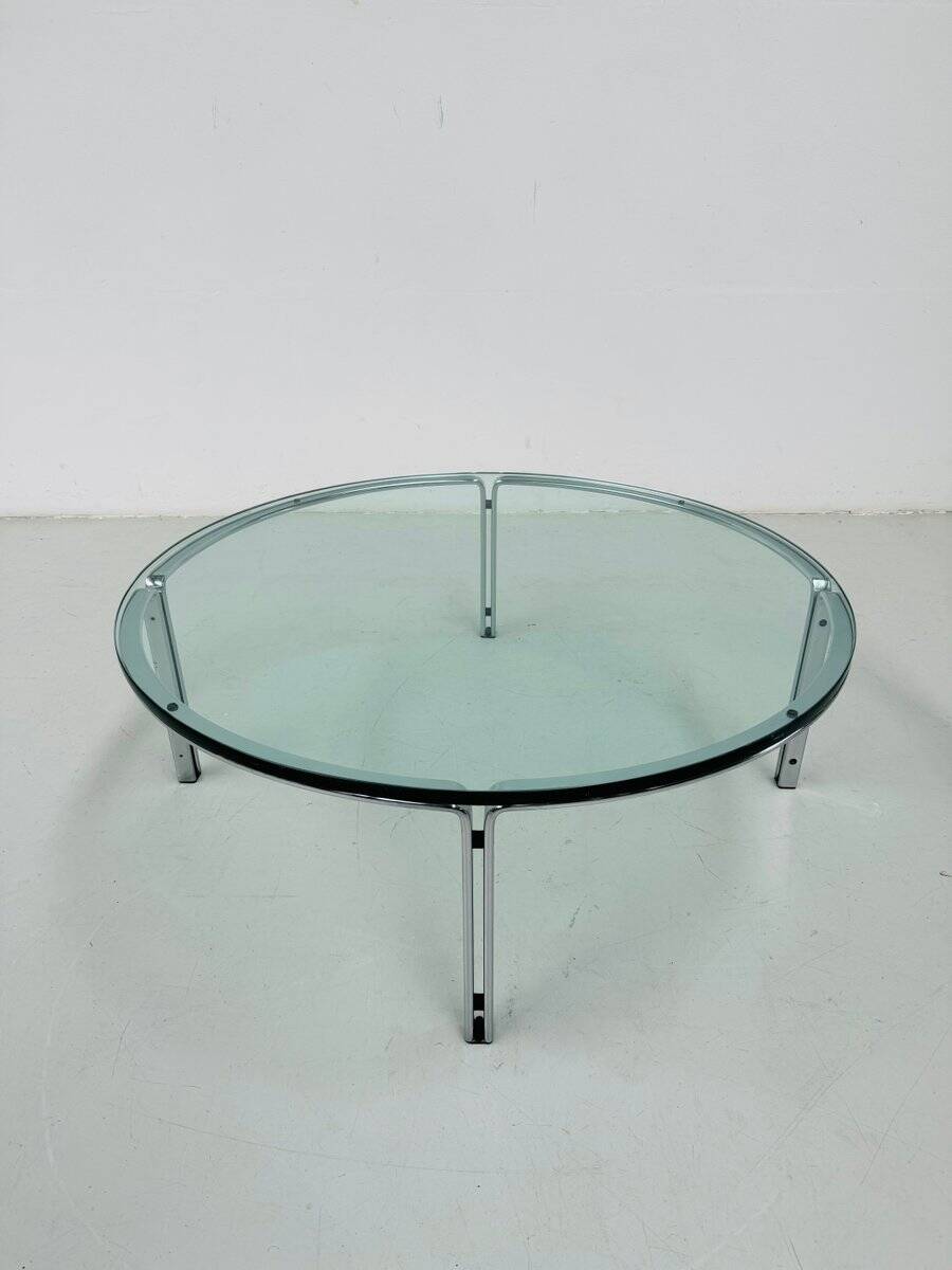 Table basse ronde vintage en verre et acier, signée Horst Brüning pour Kill International, années 1960