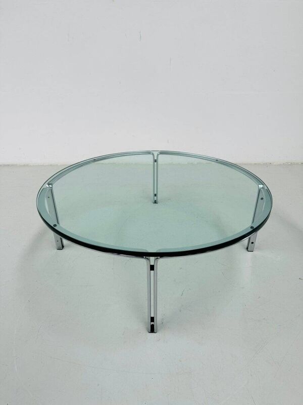 Table basse ronde vintage en verre et acier, signée Horst Brüning pour Kill International, années 1960