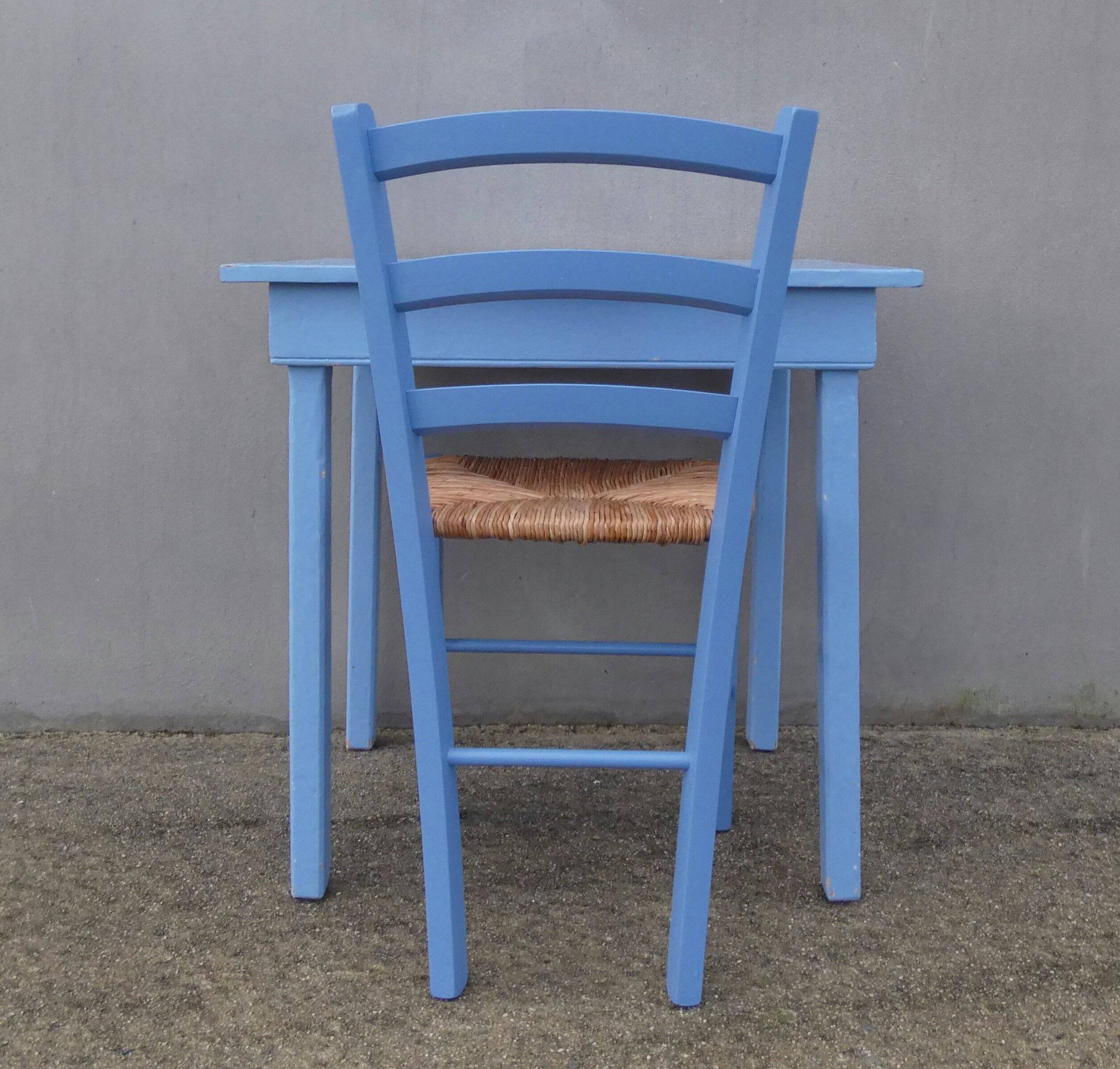 side table + blue wooden chair