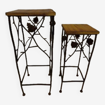 Set of two wrought iron stands and wooden tray – very good condition