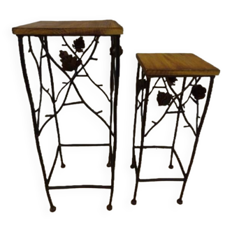 Set of two wrought iron stands and wooden tray – very good condition
