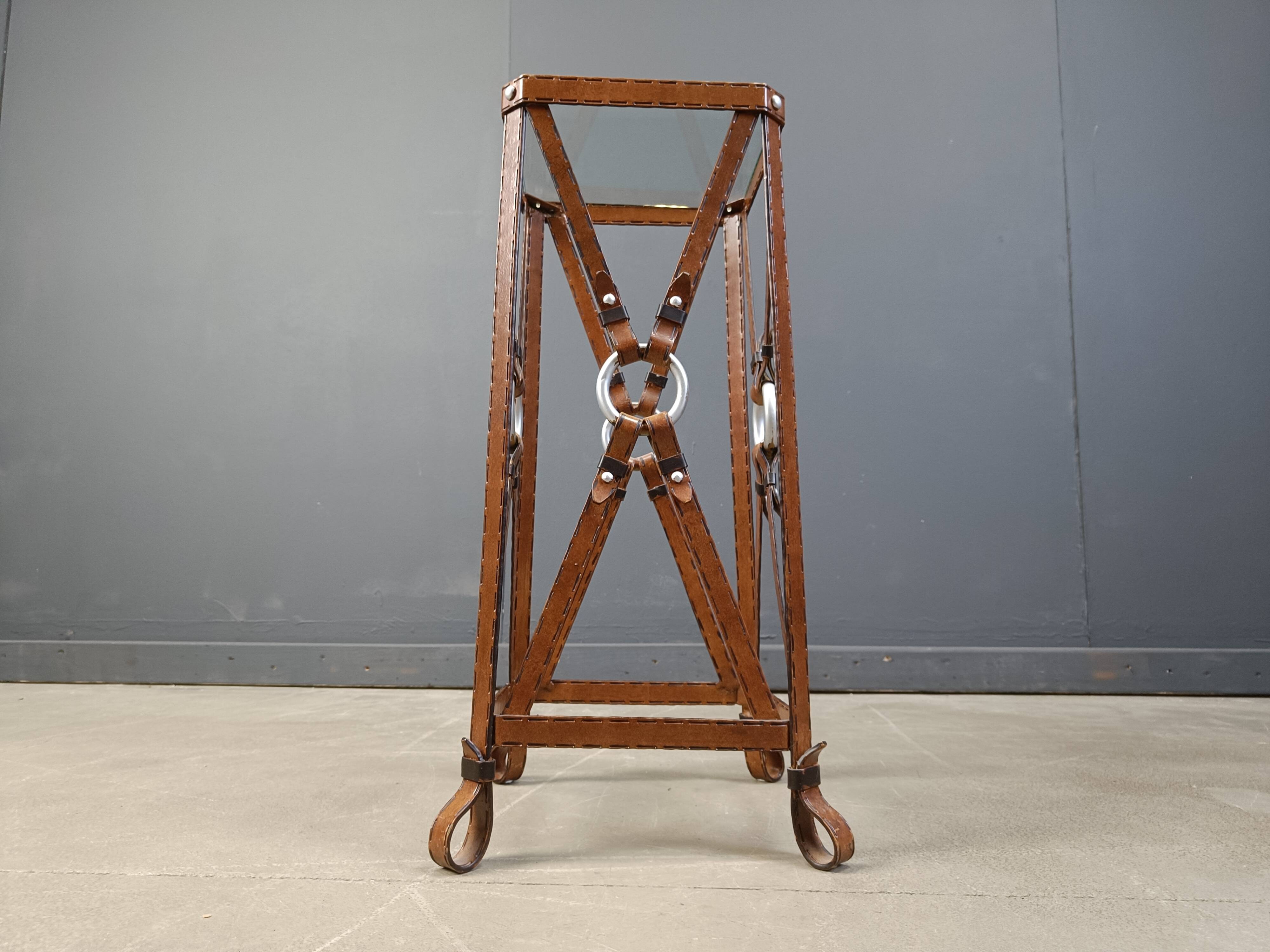 Iron Faux Leather Side Table in the style of Jacques Adnet