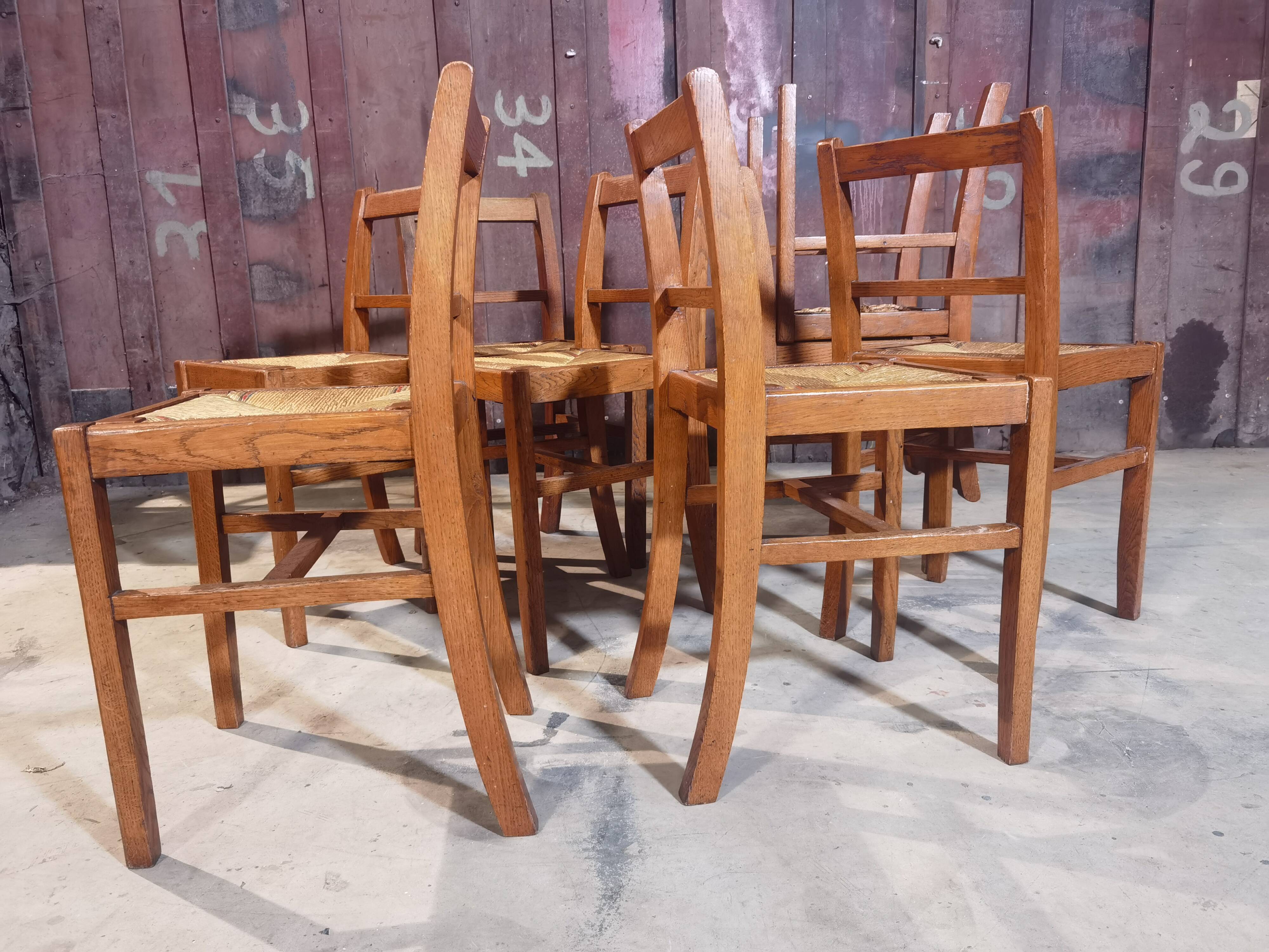Lot de 8 chaises Reconstruction 1950 Chêne et paille