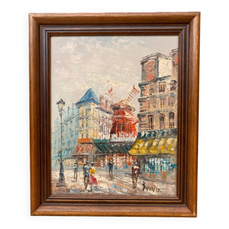 Old painting caroline burnett view paris moulin rouge oil on canvas