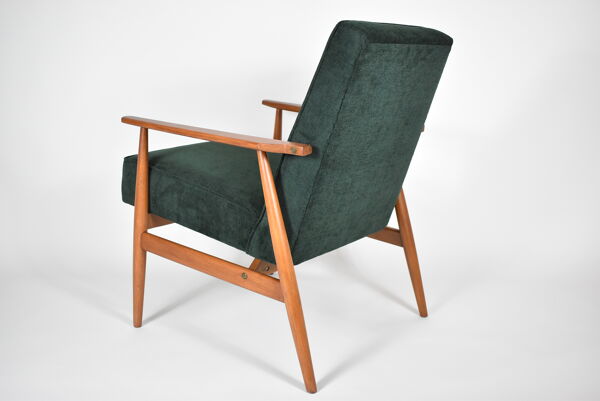 Fauteuil poli d’origine vintage « Fox » conçu par H. Lis années 1970, tissu vert forêt, restauré