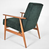 Fauteuil poli d’origine vintage « Fox » conçu par H. Lis années 1970, tissu vert forêt, restauré