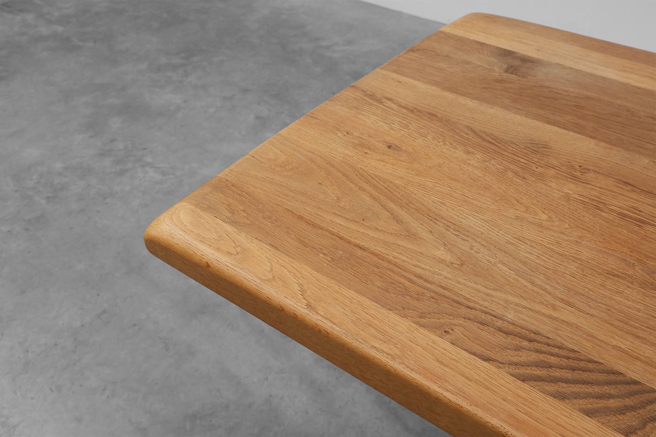20th Century French oak trestle table with scalloped legs and plank top