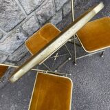 Three folding opera chairs in old gold velvet and brass structure