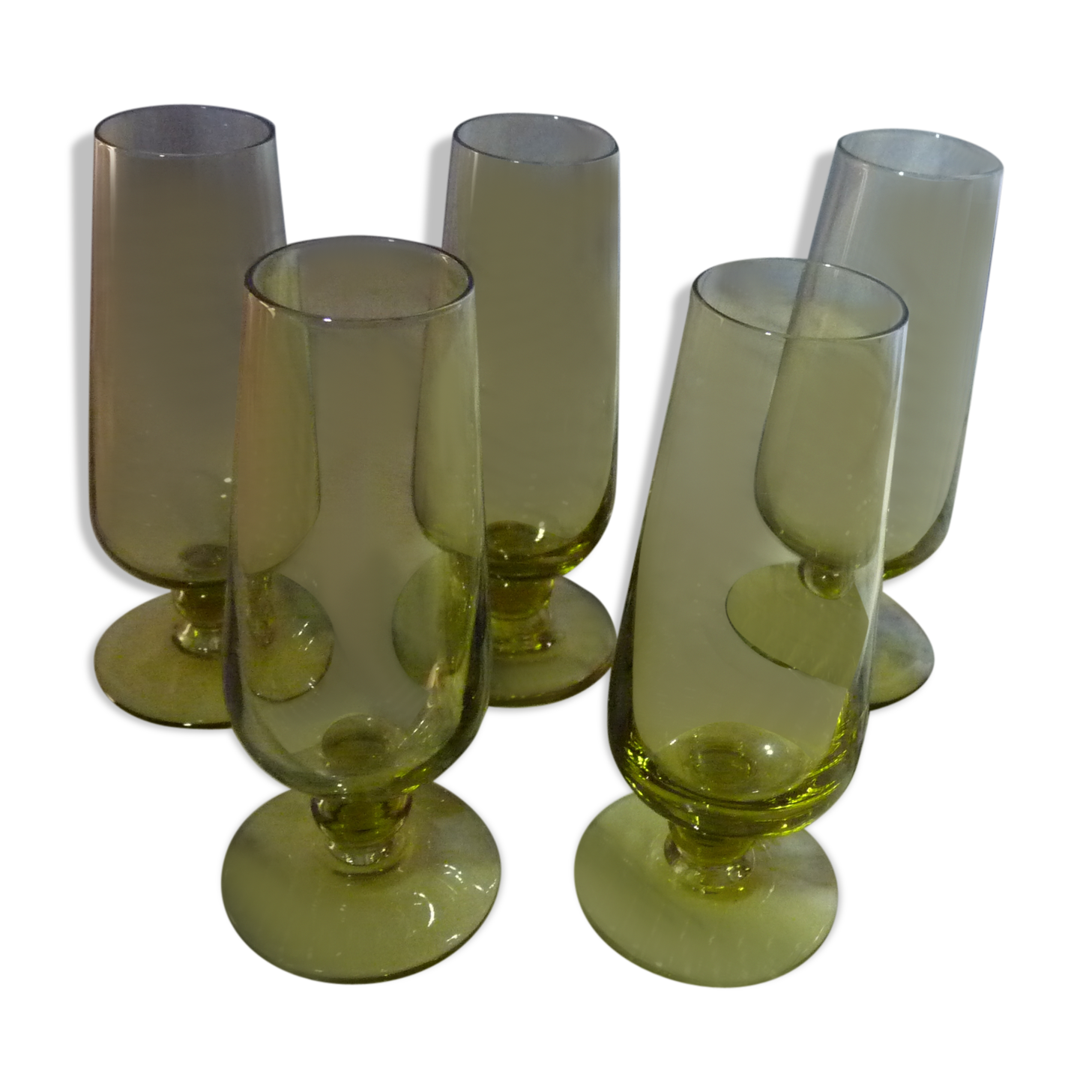 Set of 5 small flutes a vintage green glass liqueurs 70