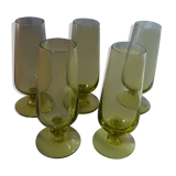 Set of 5 small flutes a vintage green glass liqueurs 70
