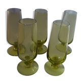Set of 5 small flutes a vintage green glass liqueurs 70
