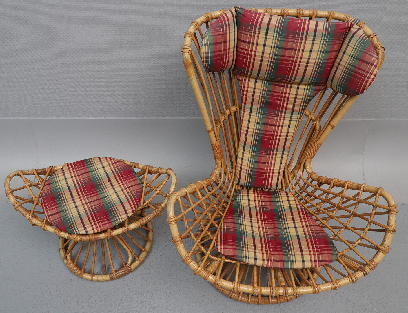 Armchair With bamboo stool covered with a cushion in suede fabrics from 1960s