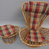 Armchair With bamboo stool covered with a cushion in suede fabrics from 1960s