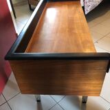 Teak and imitation leather sideboard with 2 drawers