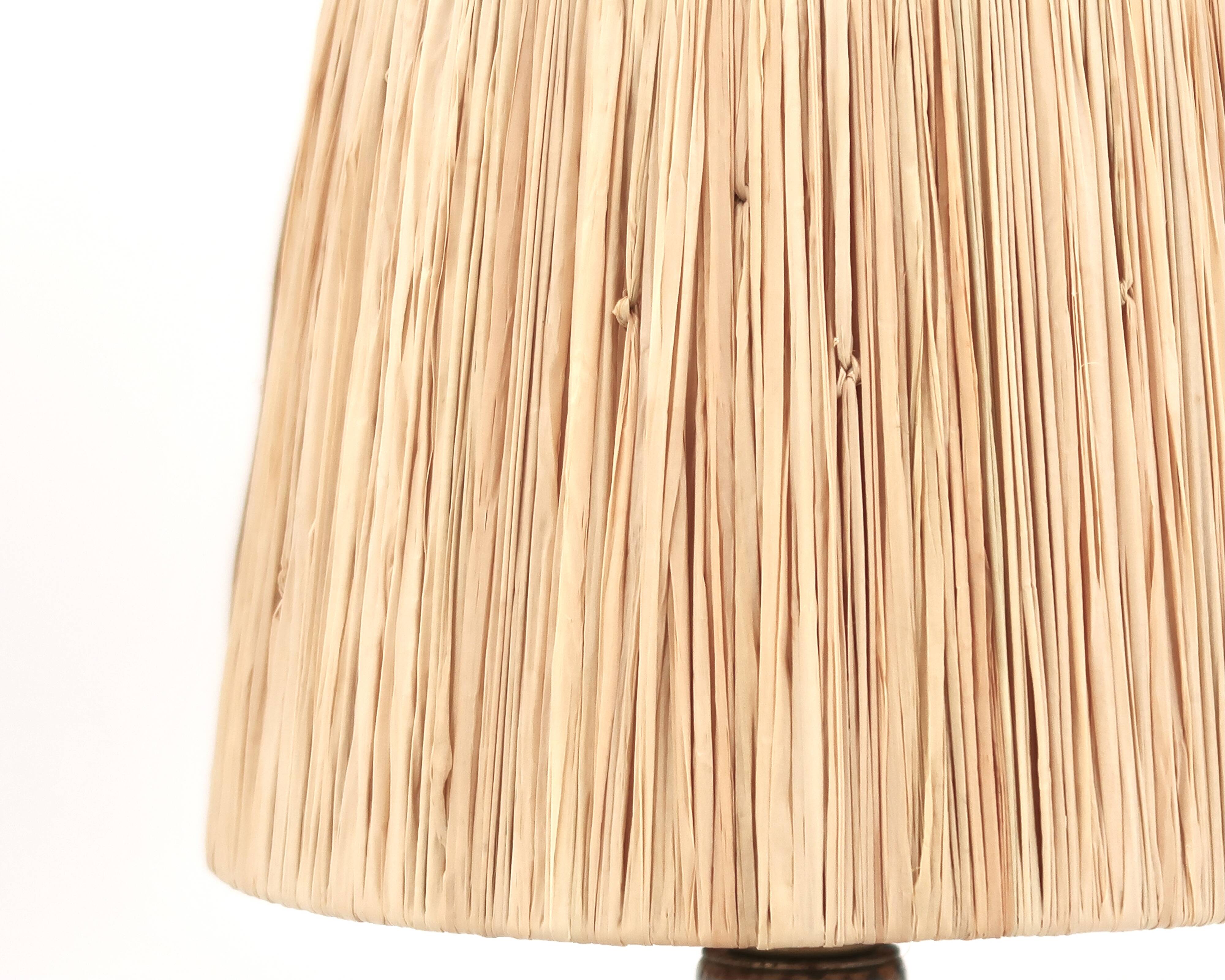 Guy Baudat stoneware ceramic ball lamp, raffia lampshade, 1970s