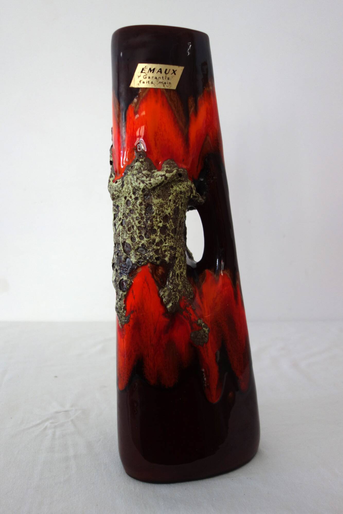 Large vintage Fat lava and enamel vase, H40cm
