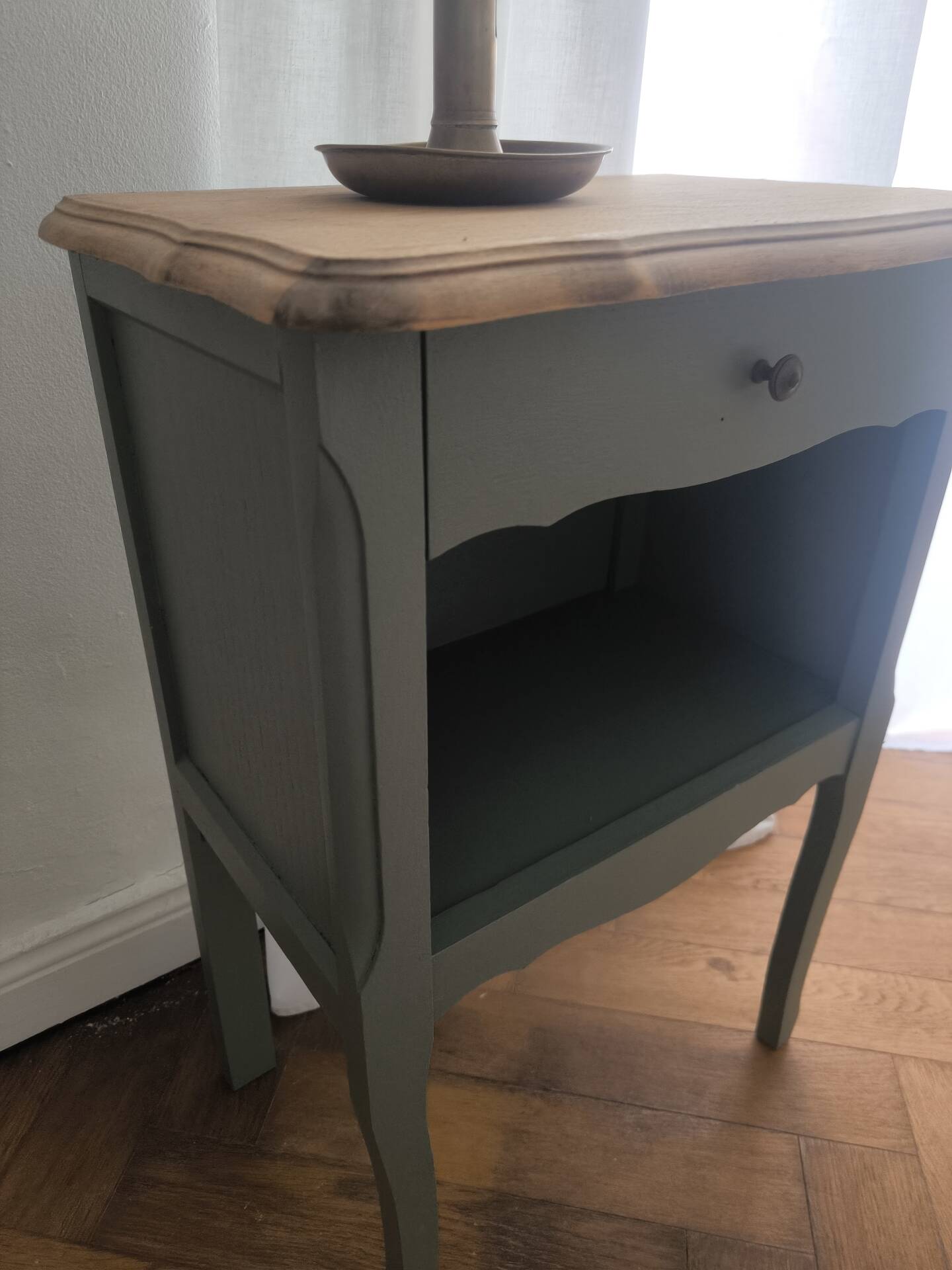 Louis XV bedside table revamped in solid oak and sage green/grey green.