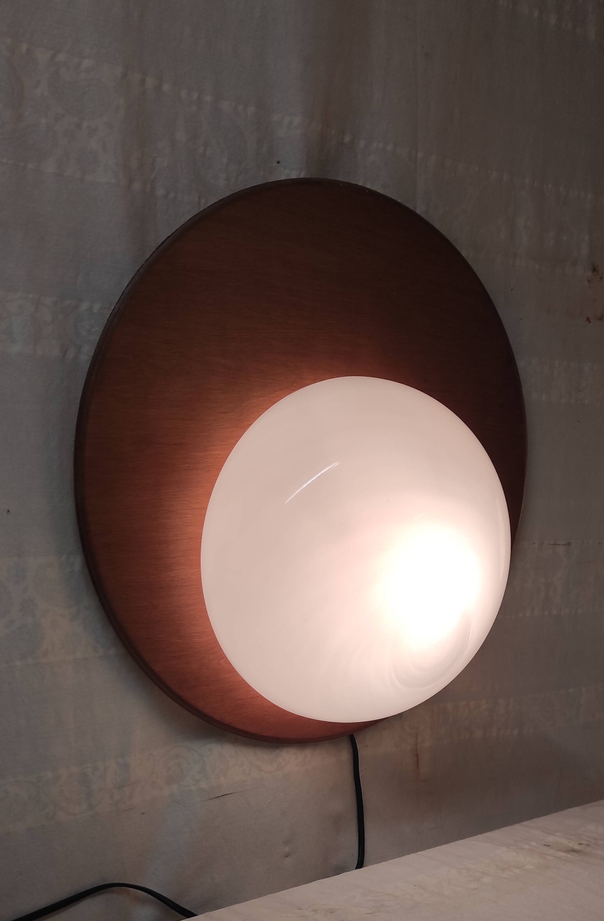 Designer wall lights in wood and opaline globe - mid-20th century