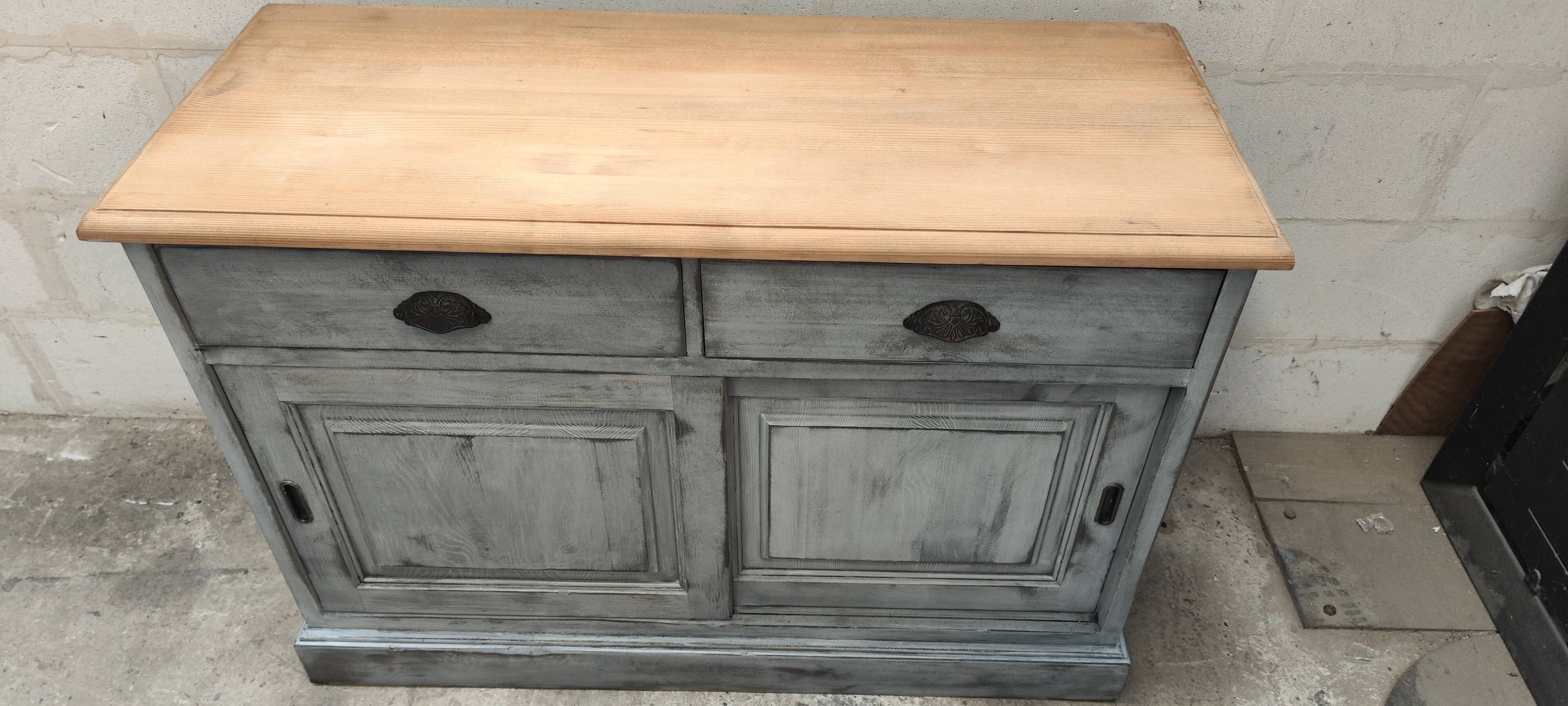 Gray patina furniture with two sliding doors and two drawers