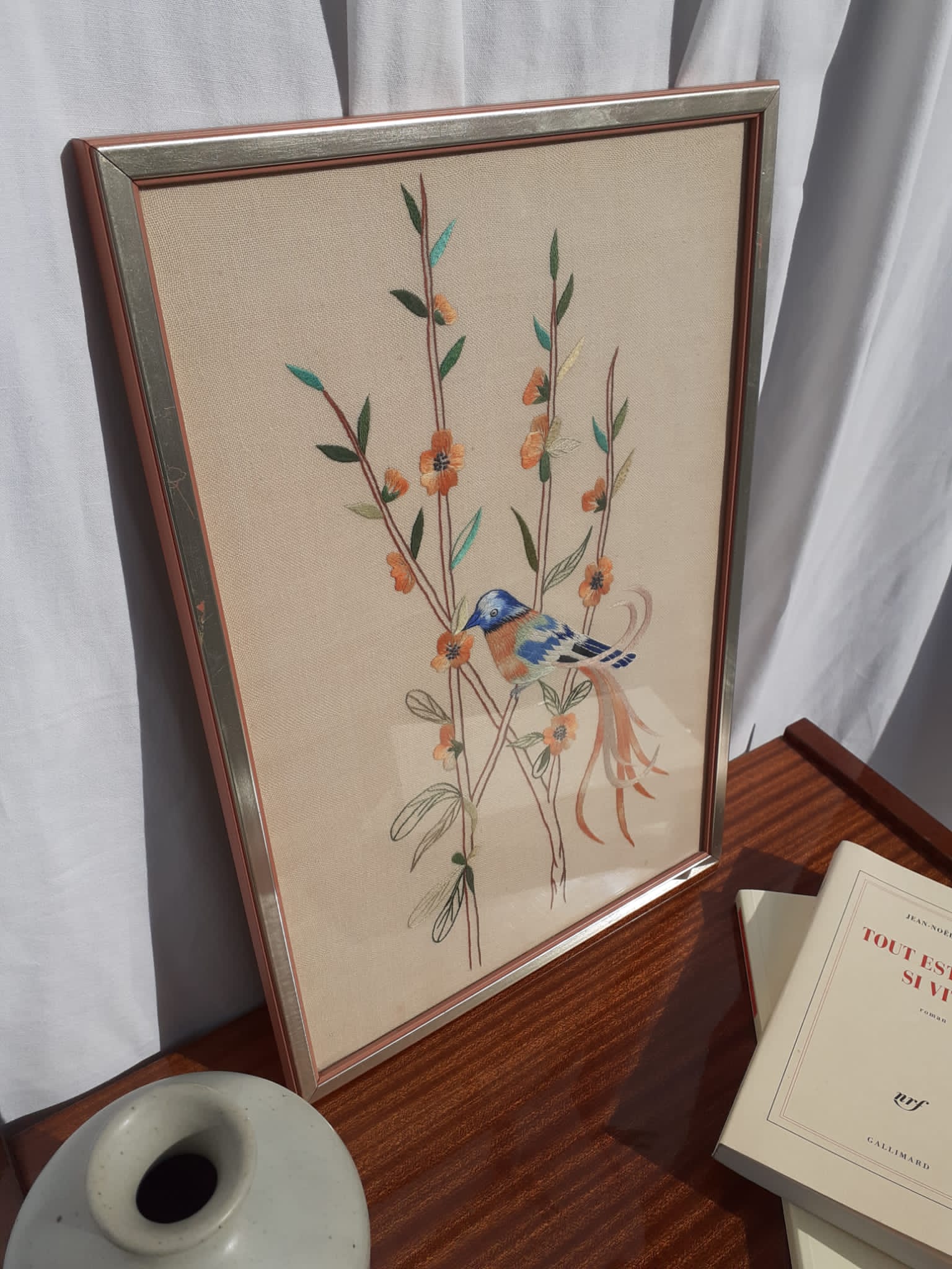 Embroidered picture blue and orange bird