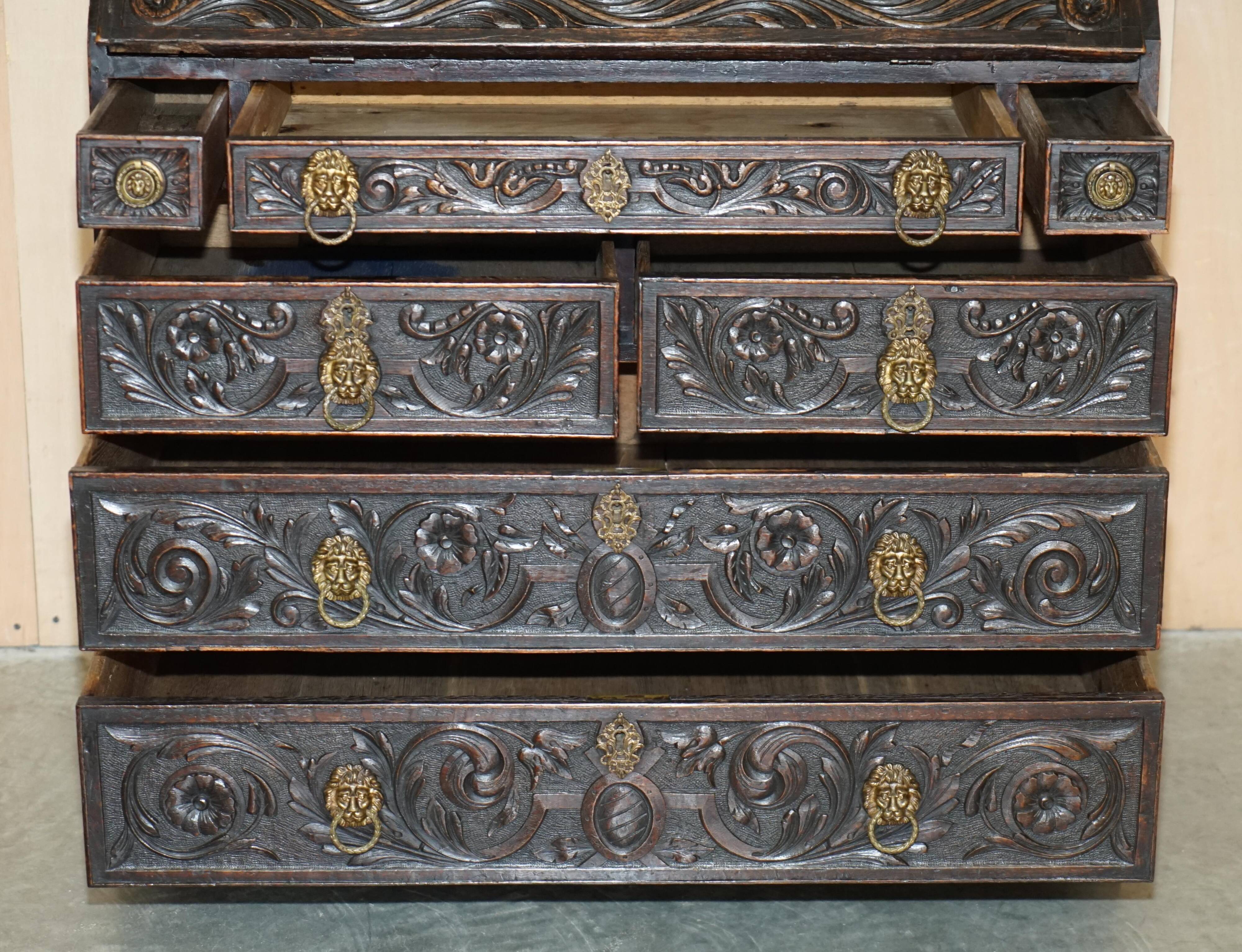 Library Desk in Carved Oak with Brass Handles